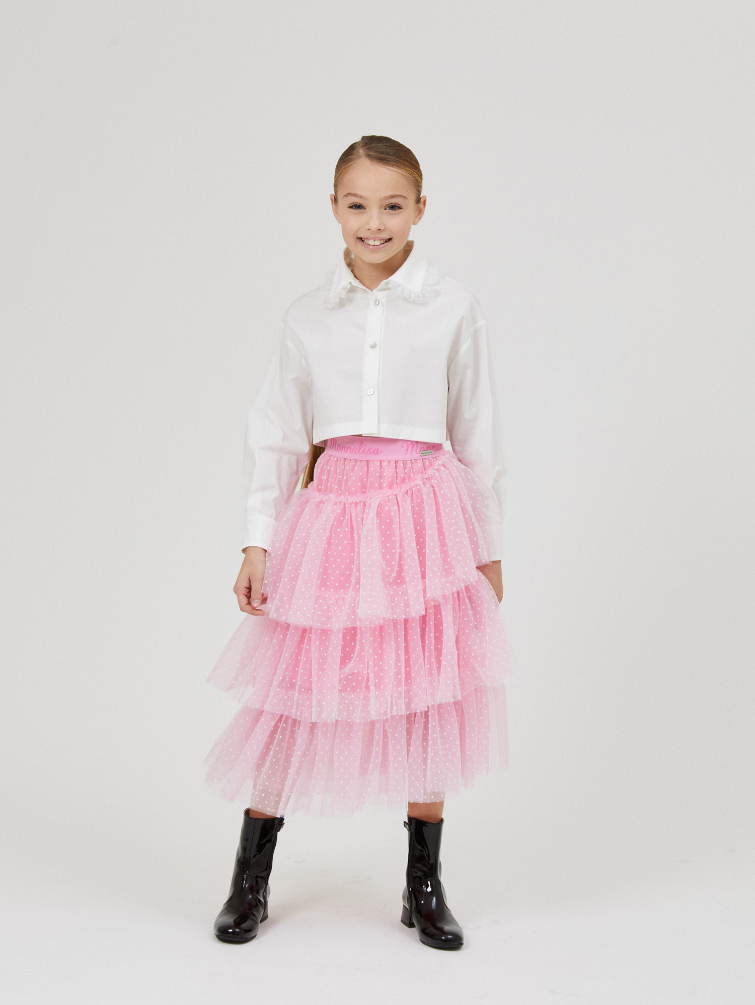 Shop Monnalisa Midi Tulle Skirt In Candy Pink + Cream