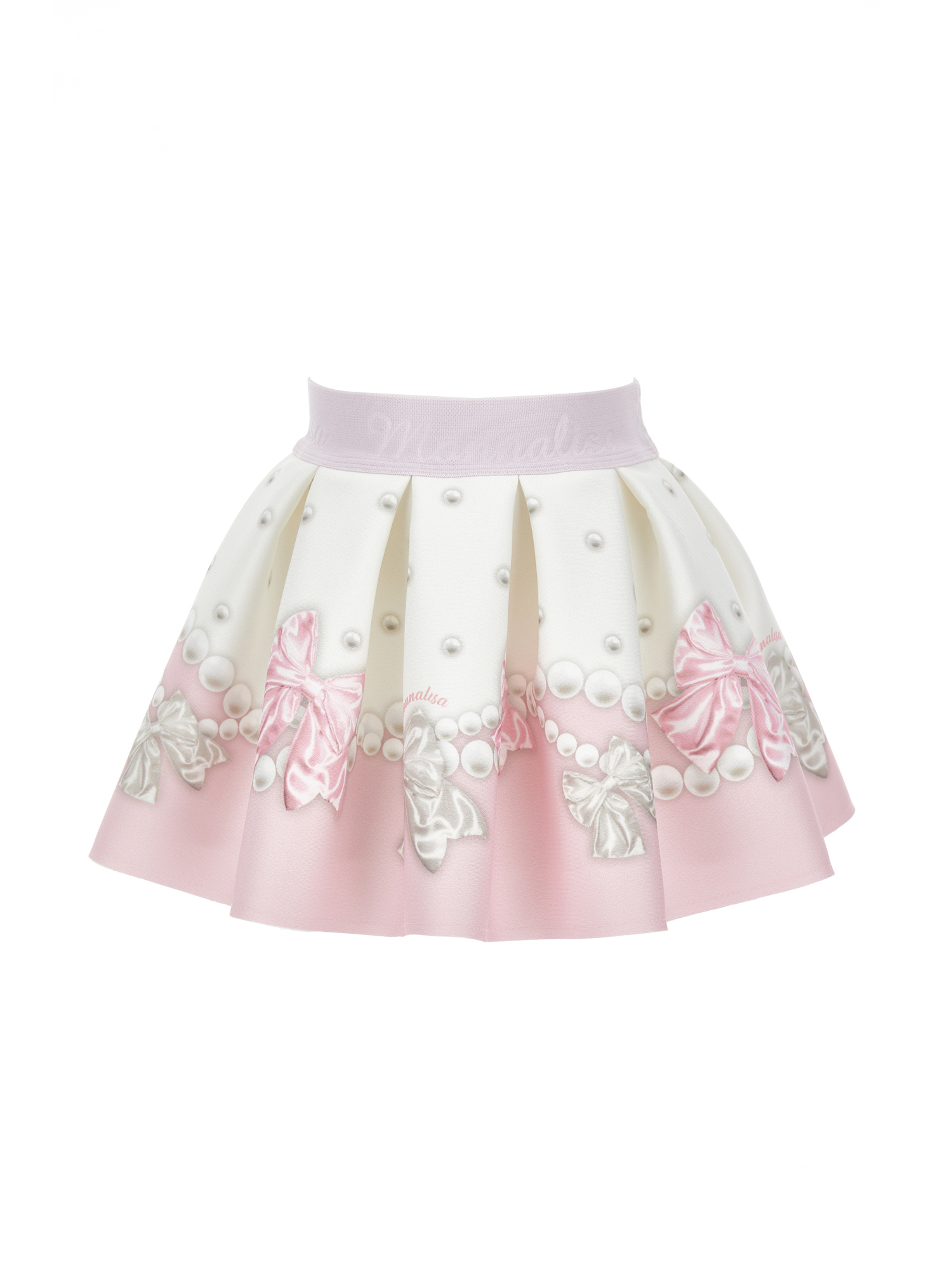 Monnalisa Pleated Neoprene Skirt In Cream + Pink