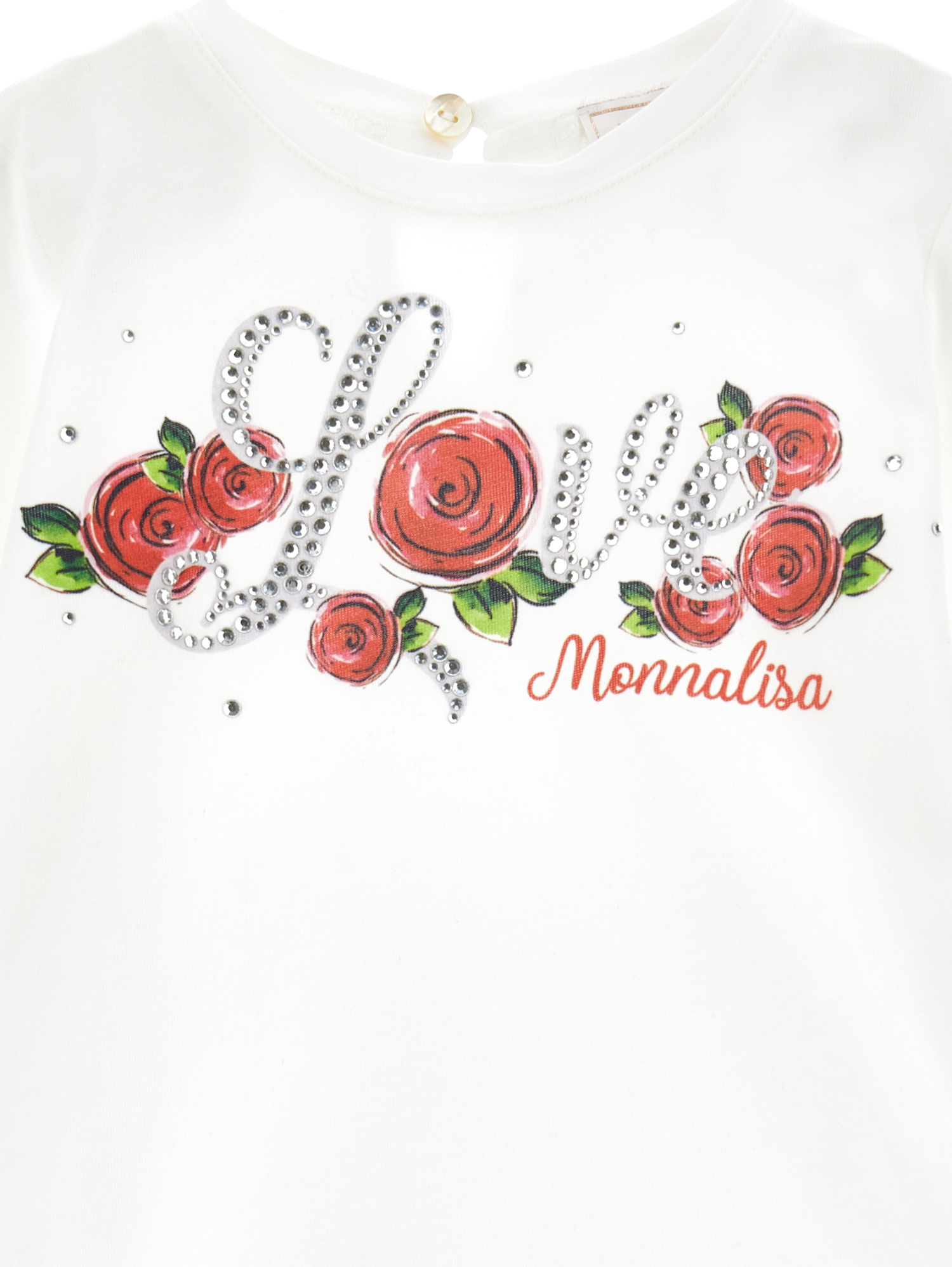Monnalisa Rhinestone Rose Print Jersey T-shirt In Cream