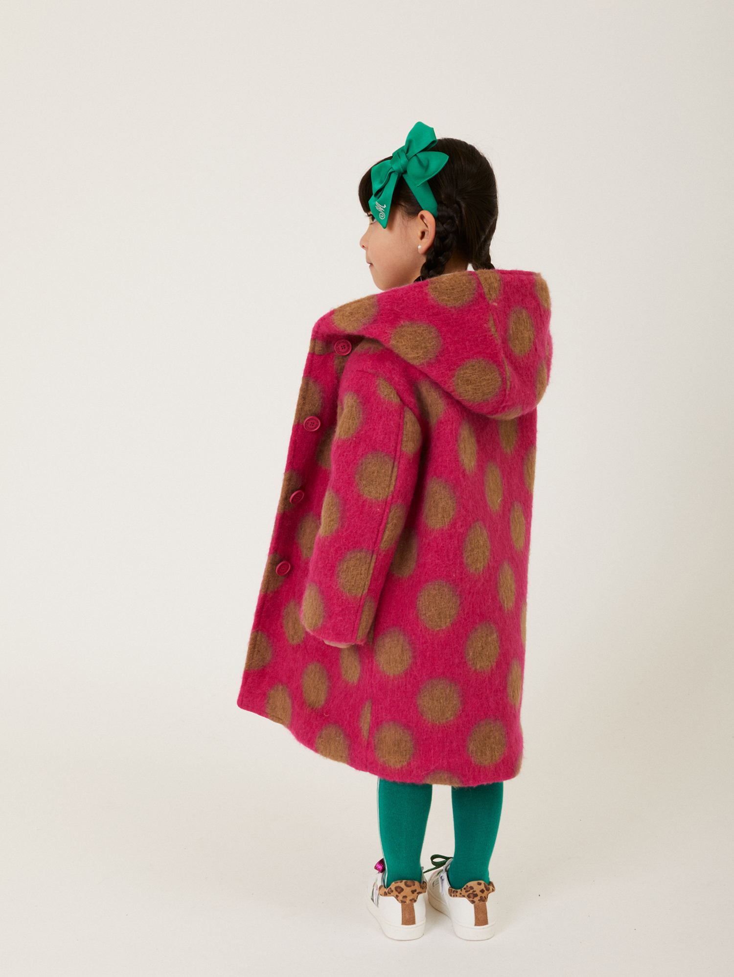 Monnalisa Polka Dot Boiled Wool Coat In Fuchsia + Ecrù