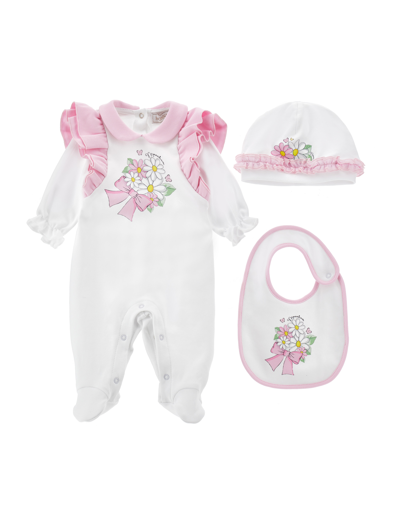 Monnalisa Two-tone 3-piece Set With Bouquet In White + Rosa Fairytale