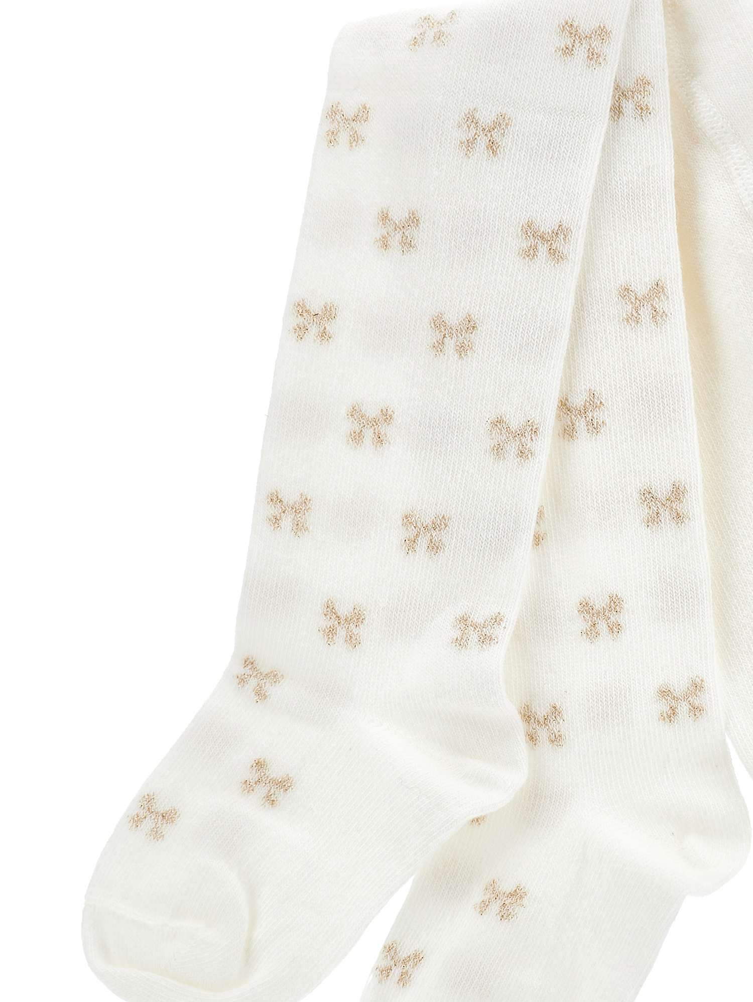 Monnalisa Cotton Tights With Bows In Cream + Gold