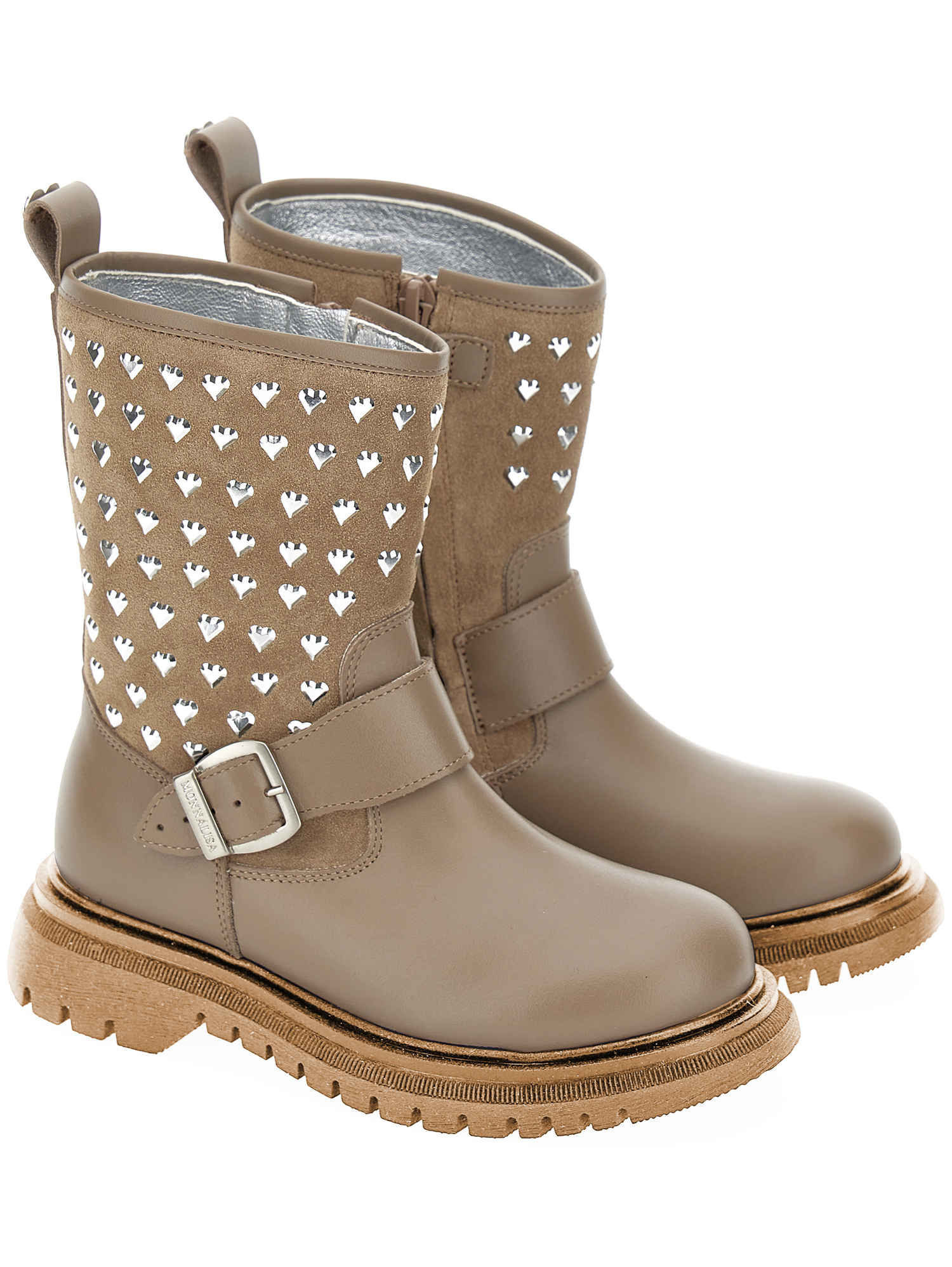 Monnalisa Leather Boots With Studs In Dove Grey