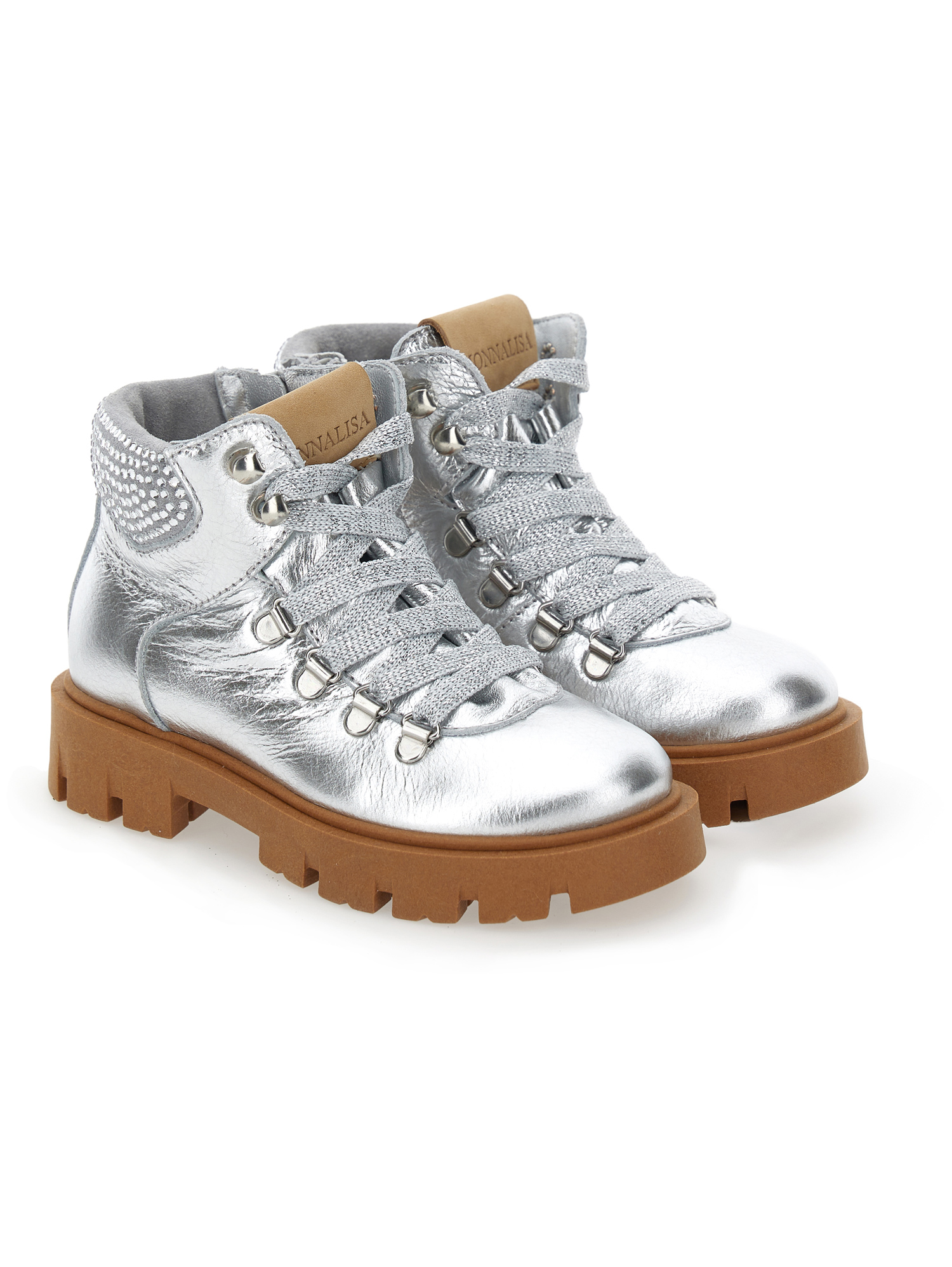 Shop Monnalisa Laminated Leather Lace-up Boots In Silver
