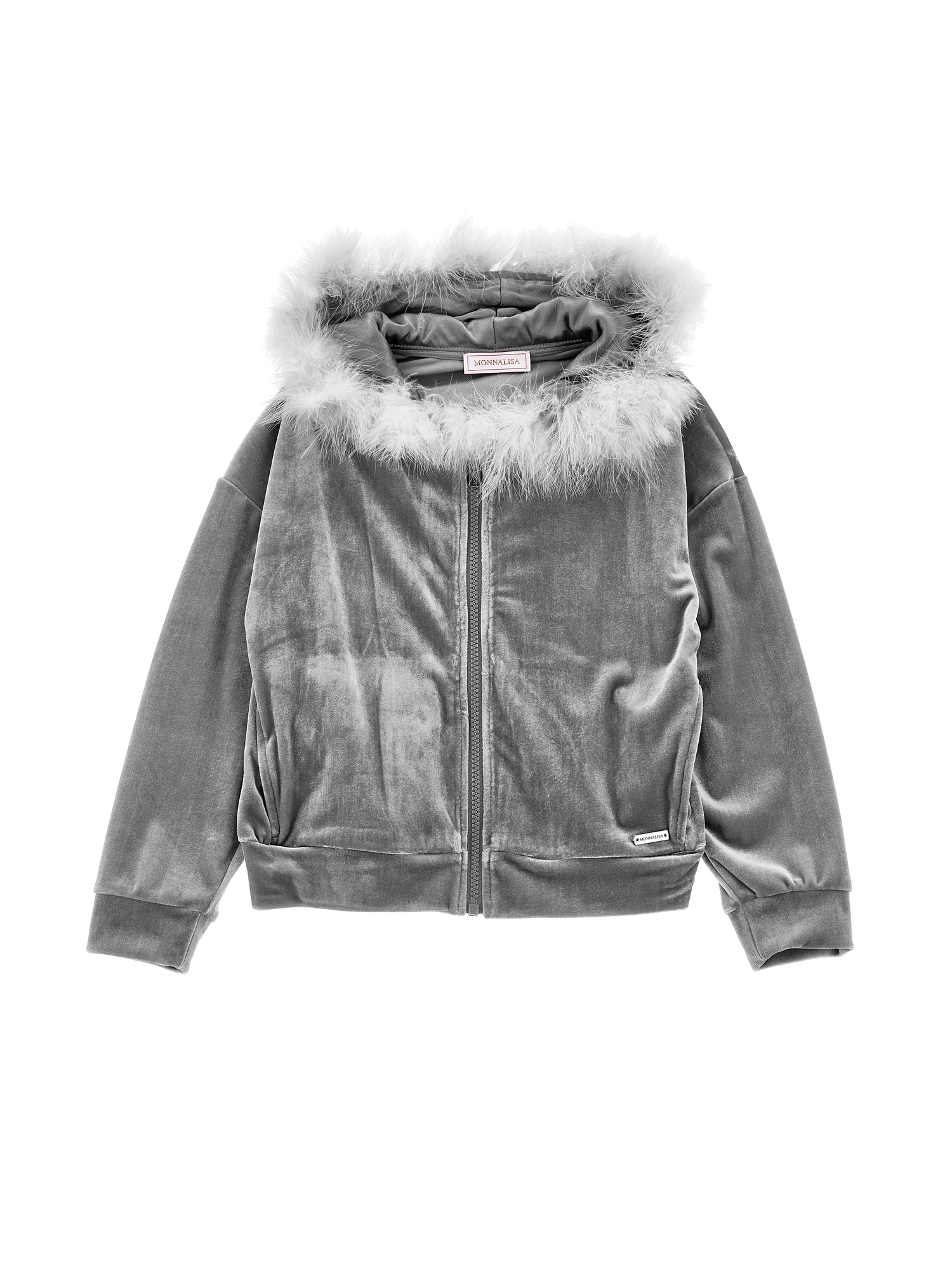 Monnalisa Zip-up Sweatshirt With Feathers In Medium Grey