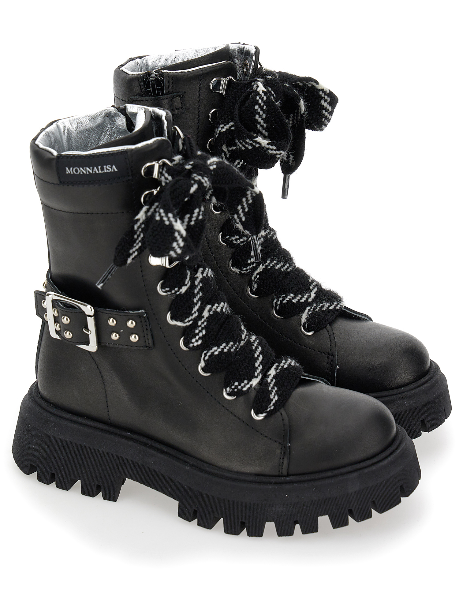 Monnalisa Lace-up Leather Ankle Boots In Black