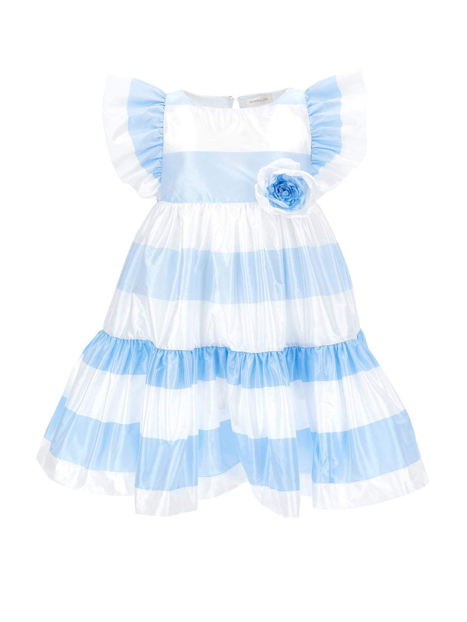 Shop Monnalisa Striped Taffeta Dress In Cream White + Sky Blue