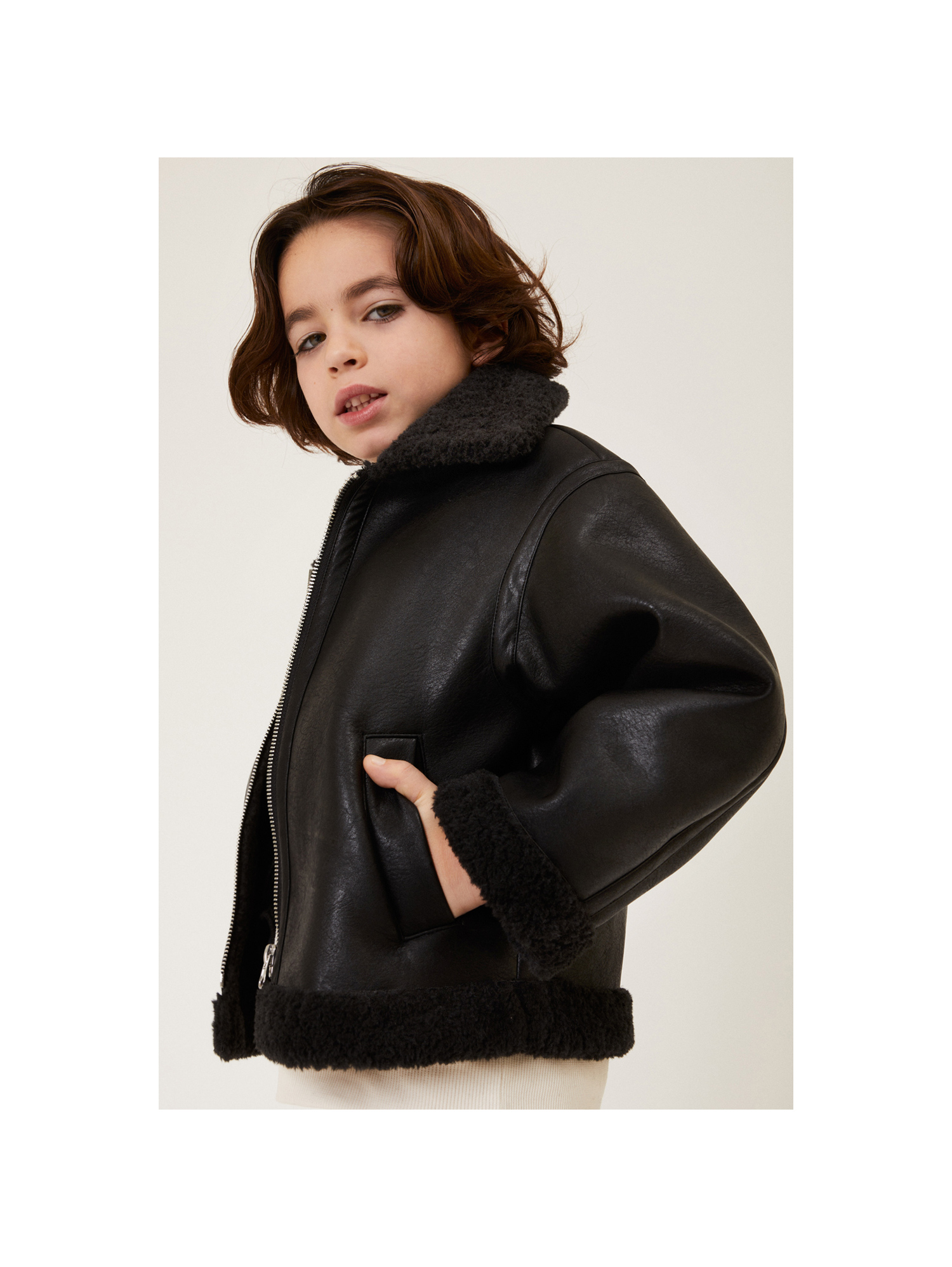 Shop Monnalisa Plush Aviator Jacket In Black