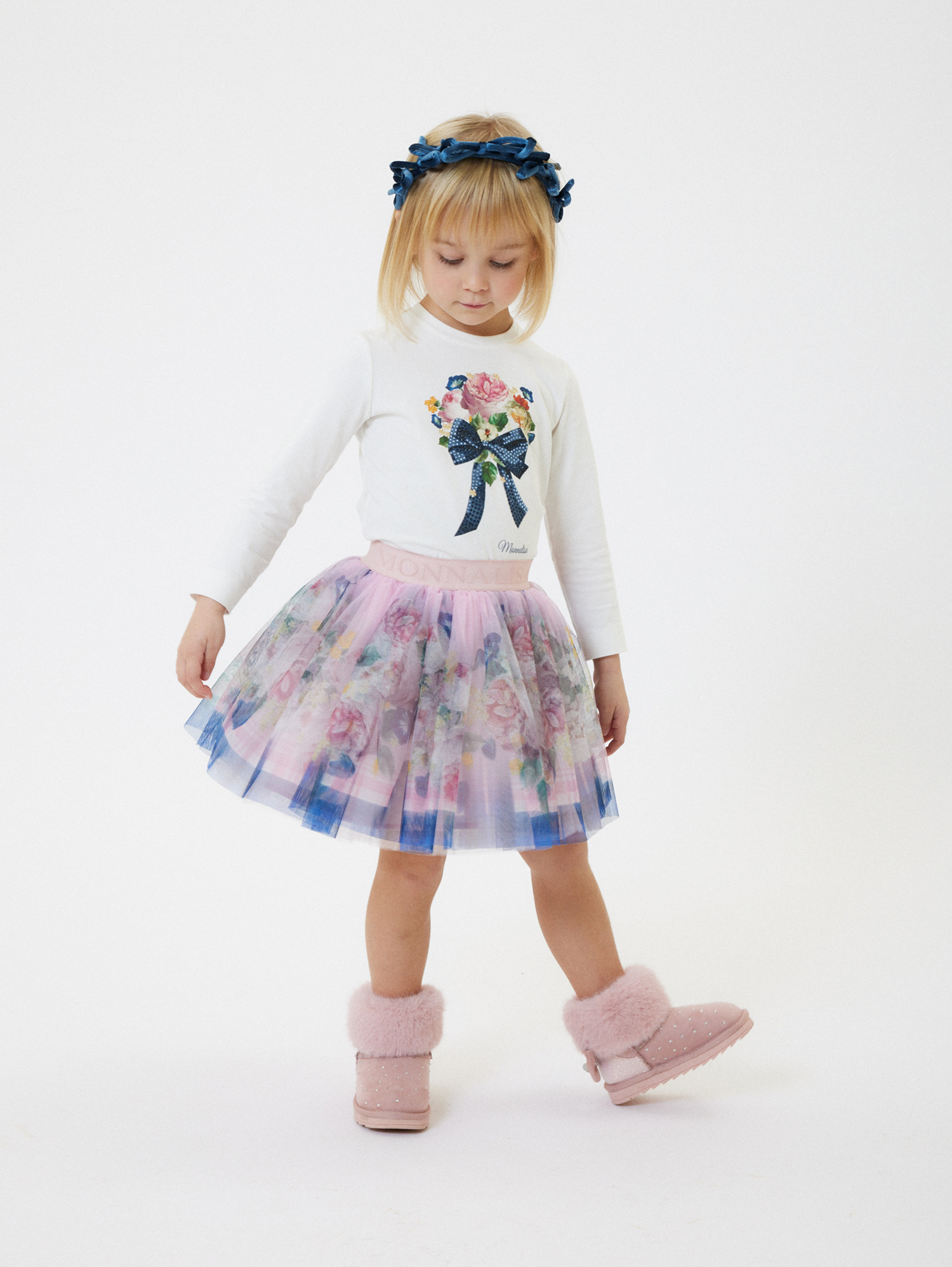 Monnalisa Baroque Rose Tulle Skirt In Cyclamen + Multicolor