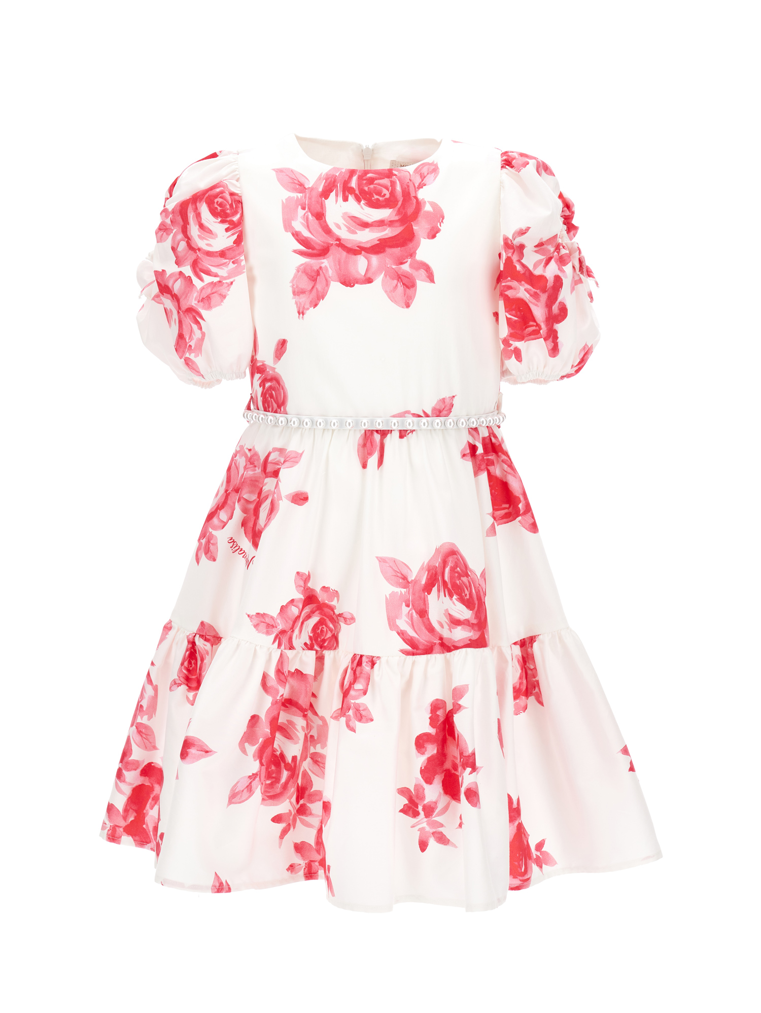 Monnalisa Rose Print Cotton Dress In Cream + Fuchsia