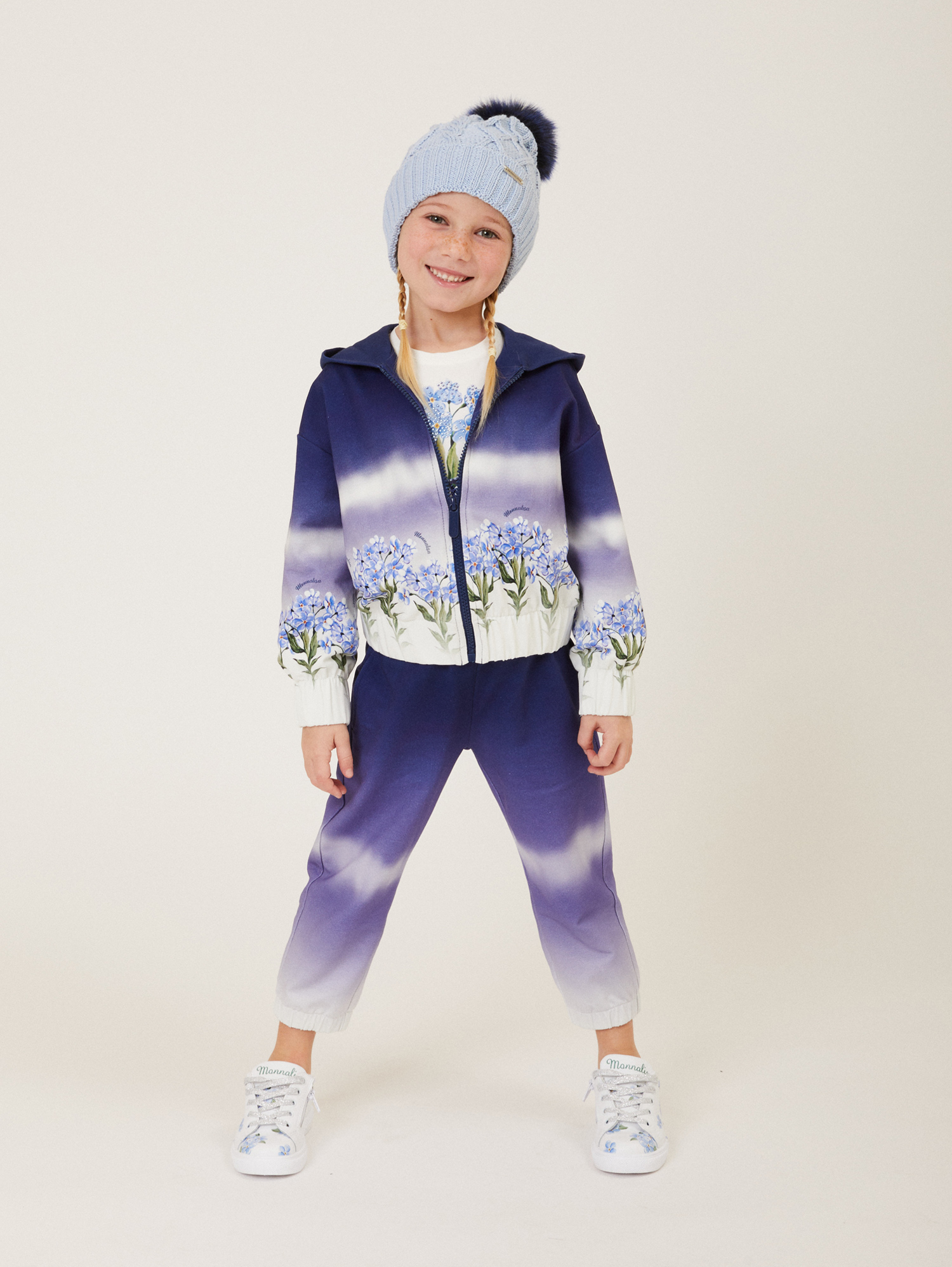 Monnalisa Graduated Fleece Joggers In Blue + Cream