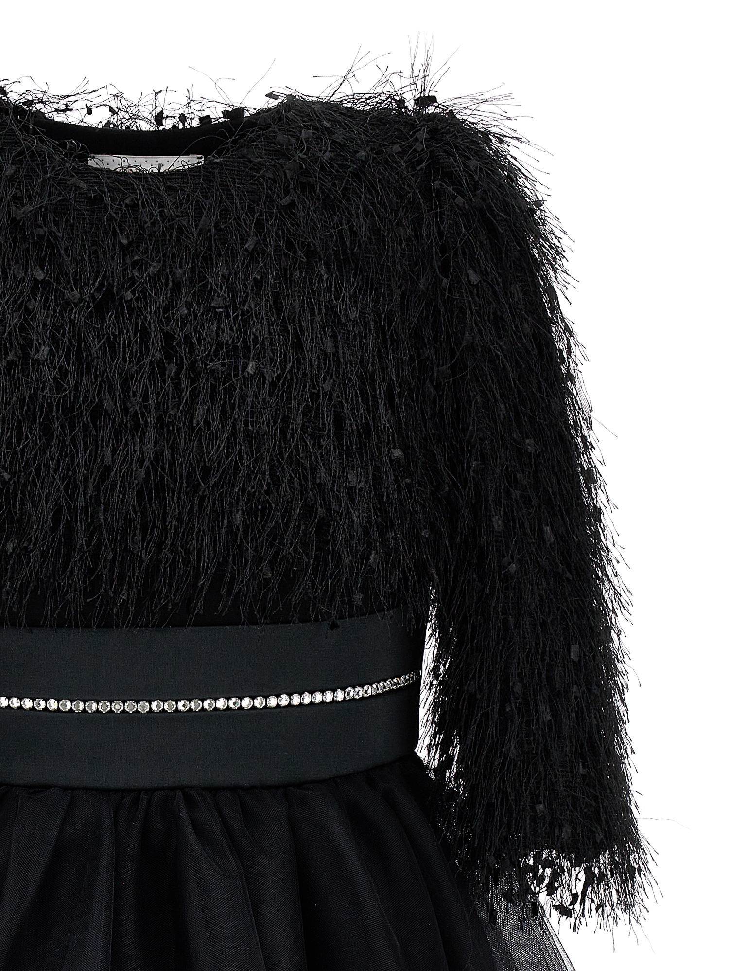 Monnalisa Silk-touch Tulle Dress With Fringing In Black