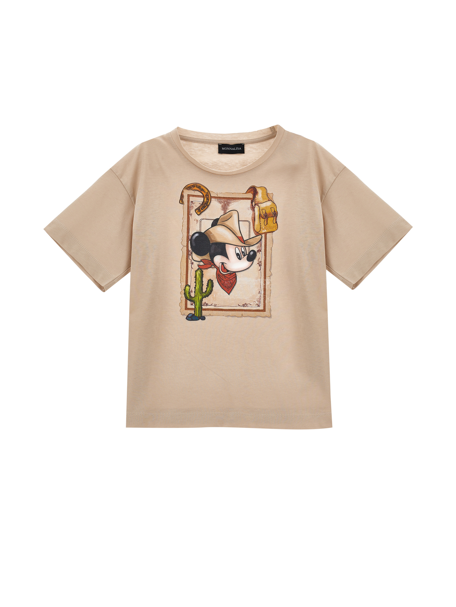 Monnalisa Mickey Mouse Jersey T-shirt In Beige + Red