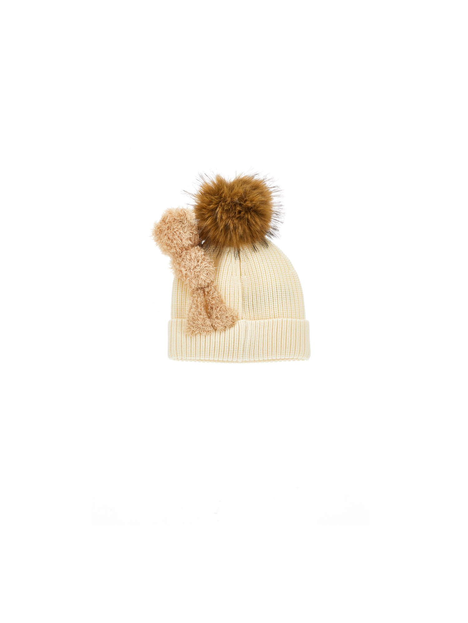Monnalisa Knitted Hat With Pompom And Teddy Bear In Neutral
