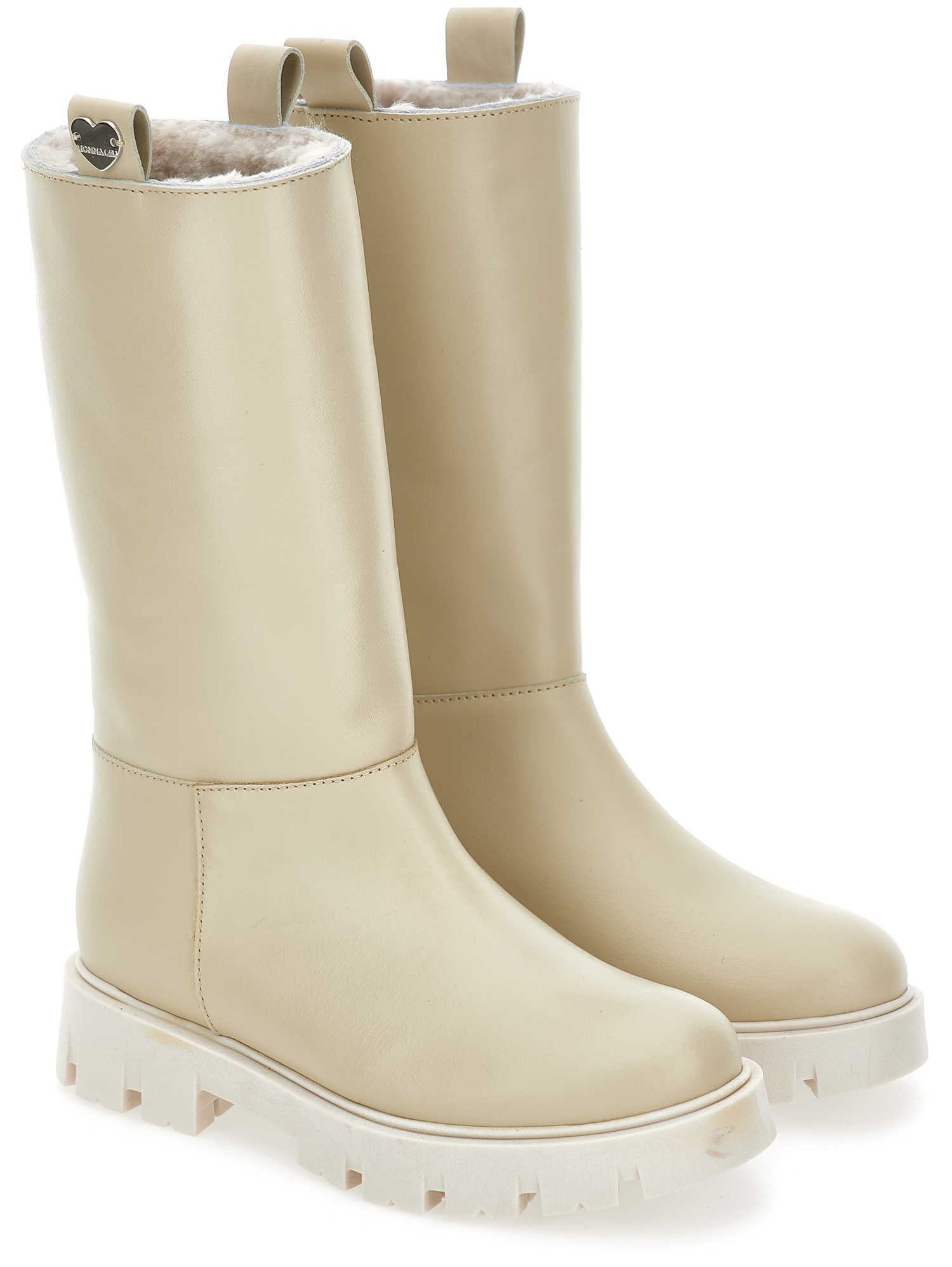 Monnalisa Sheepskin Lining Leather Boots In Ecru