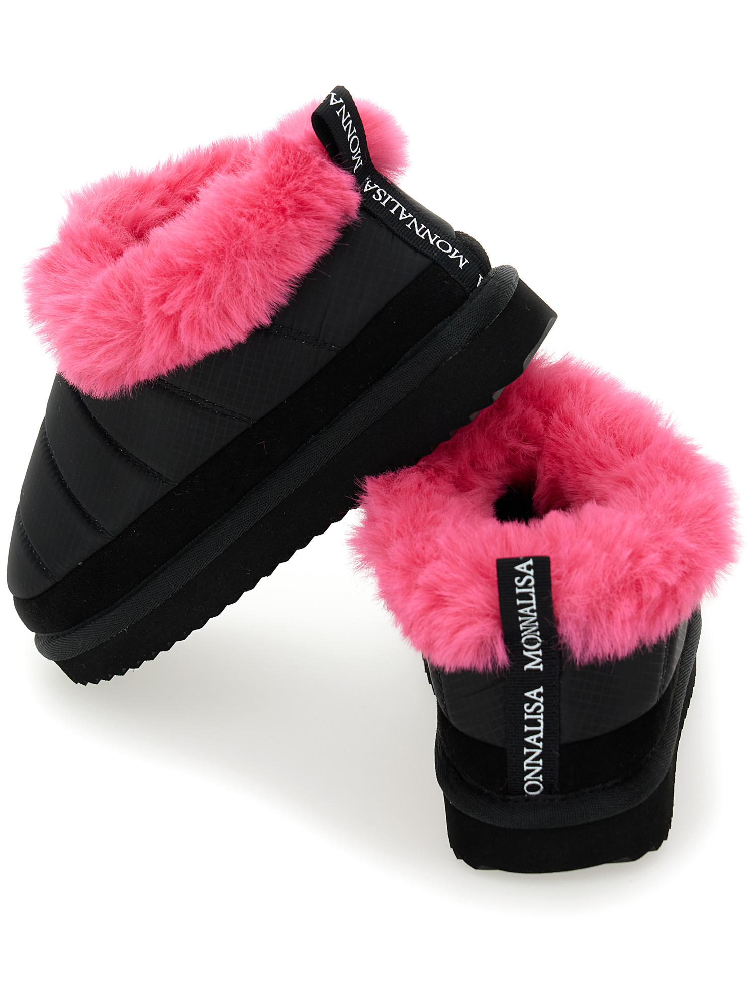 Monnalisa Technical Fabric And Plush Slip-ons In Black + Fuchsia