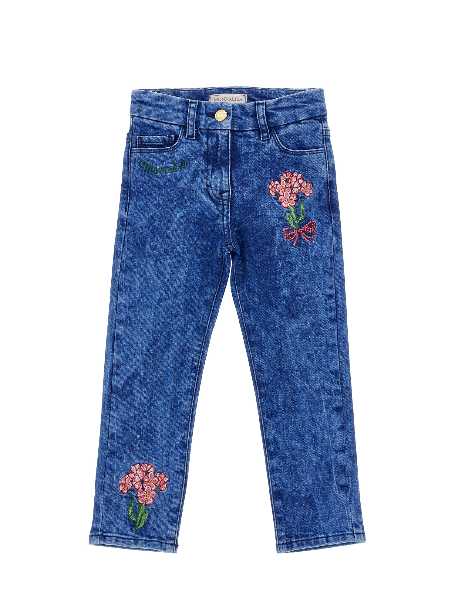 Monnalisa Embroidered Denim Jeans In Denim Blue + Pink
