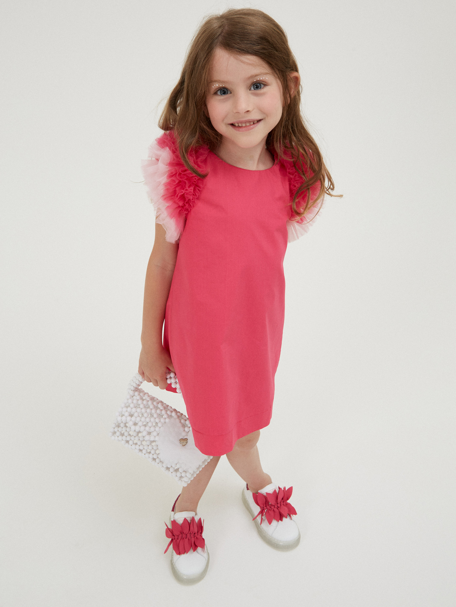 Shop Monnalisa Cotton Dress With Tulle Armholes In Bright Peach Pink