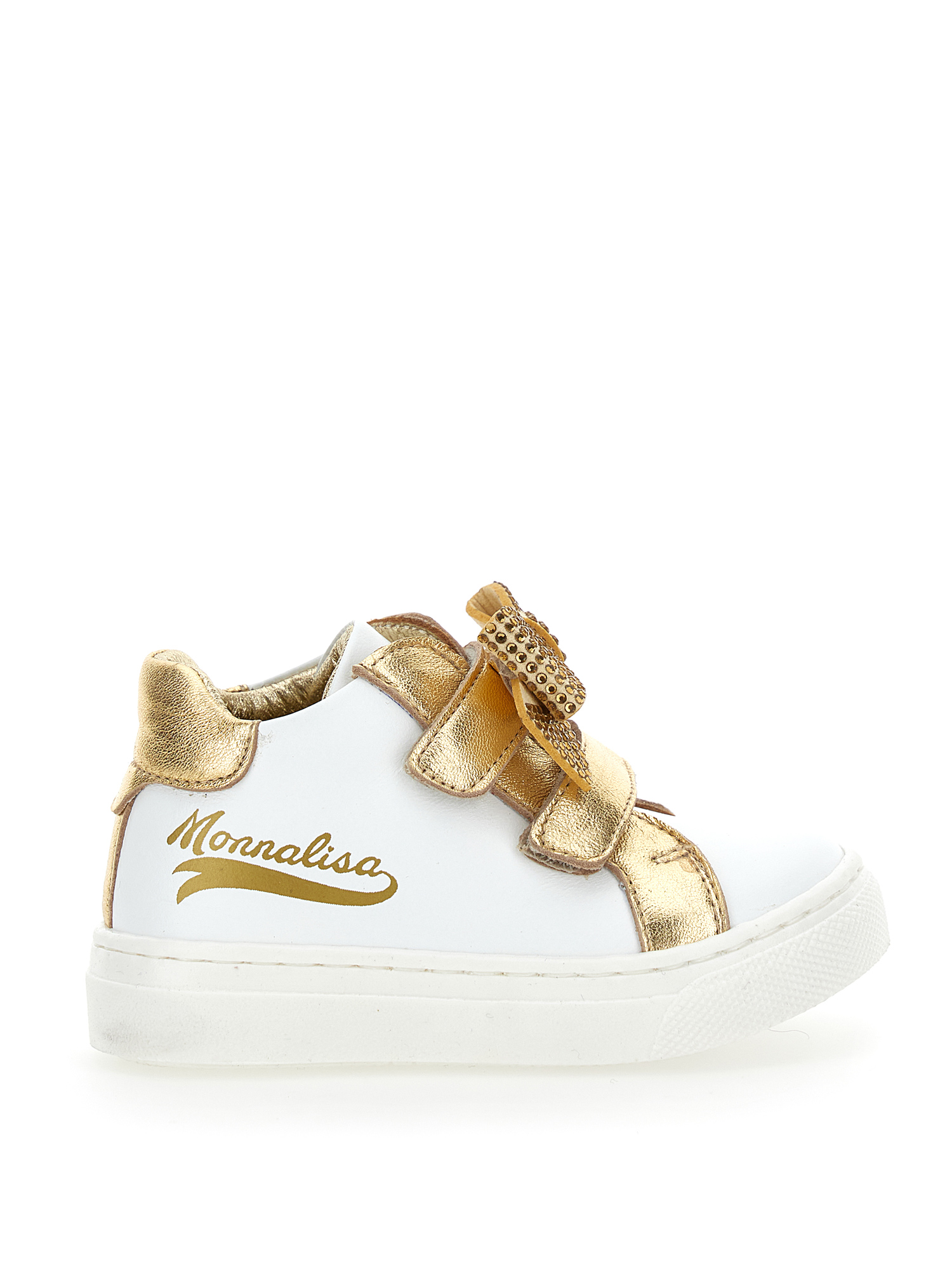 Monnalisa Two-tone Nappa Sneakers With Bow In Cream + Light Gold
