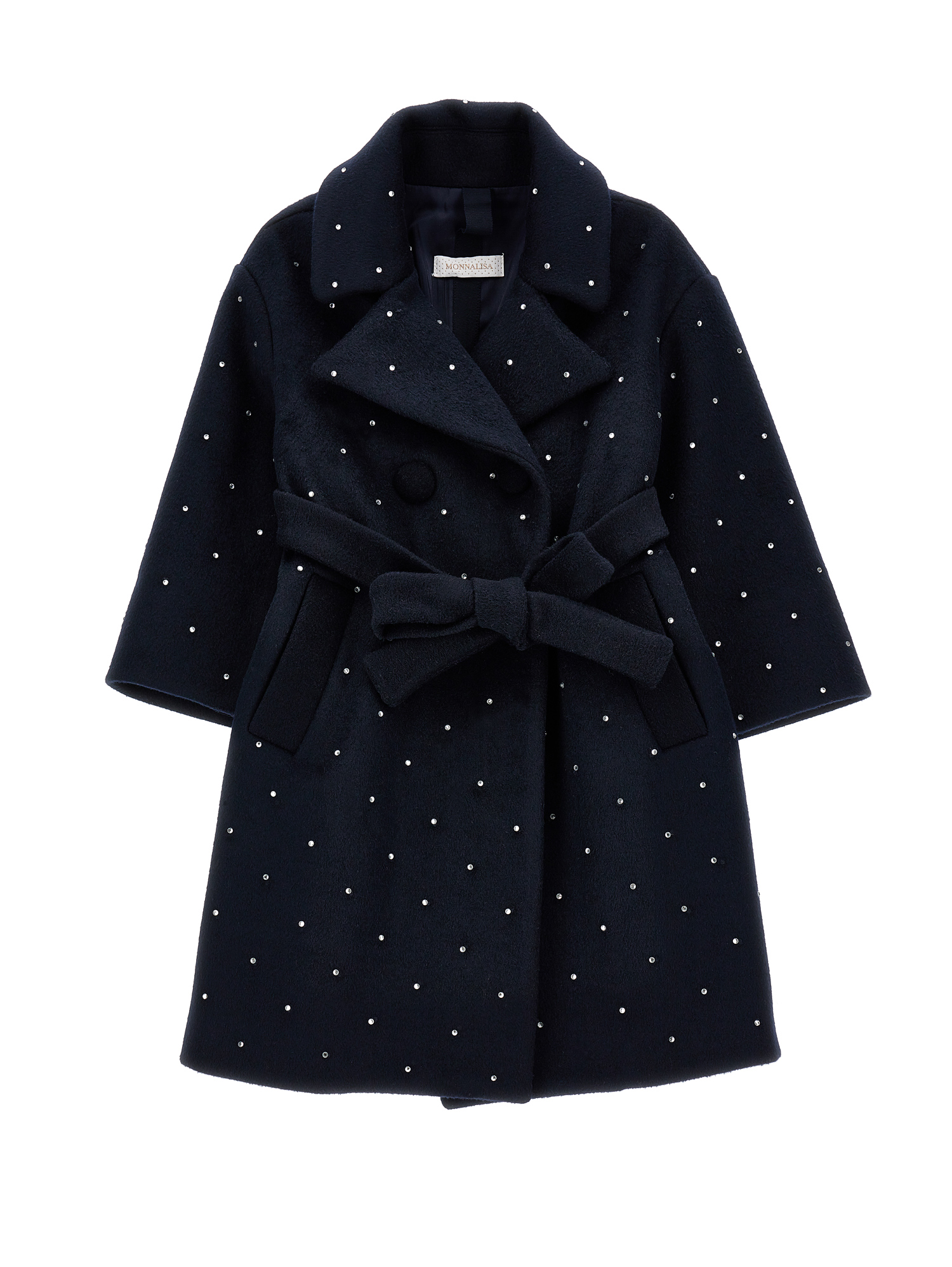 Monnalisa Cloth Coat With Rhinestones In Navy Blue