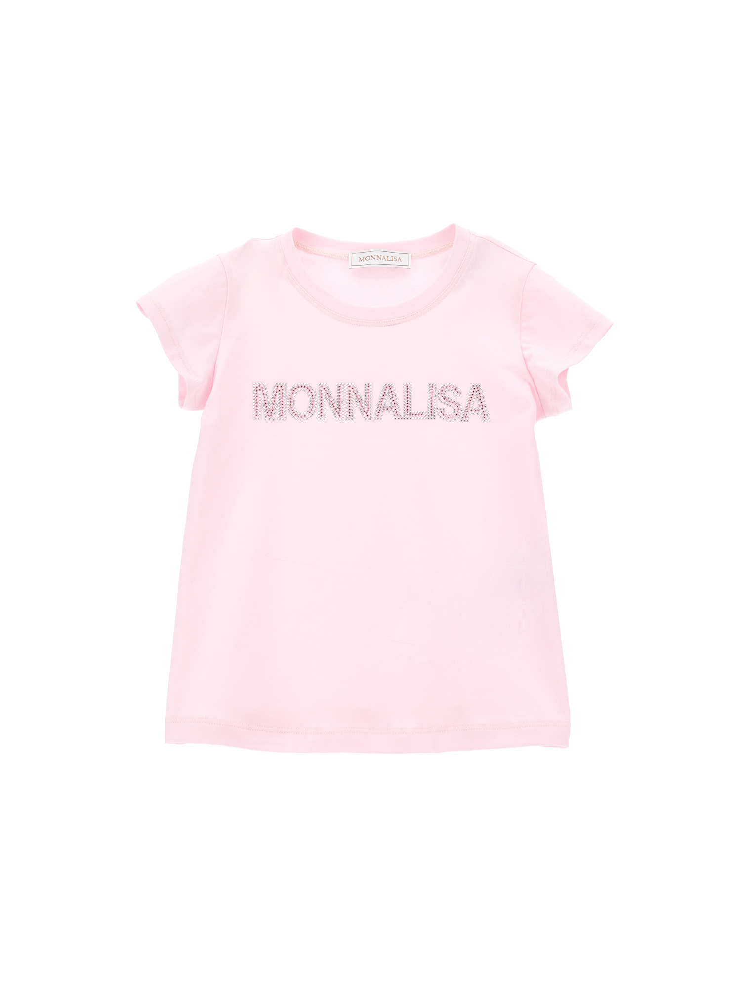 Monnalisa Kids'   Cotton T-shirt With Rhinestone Logo In Rosa Fairy Tale