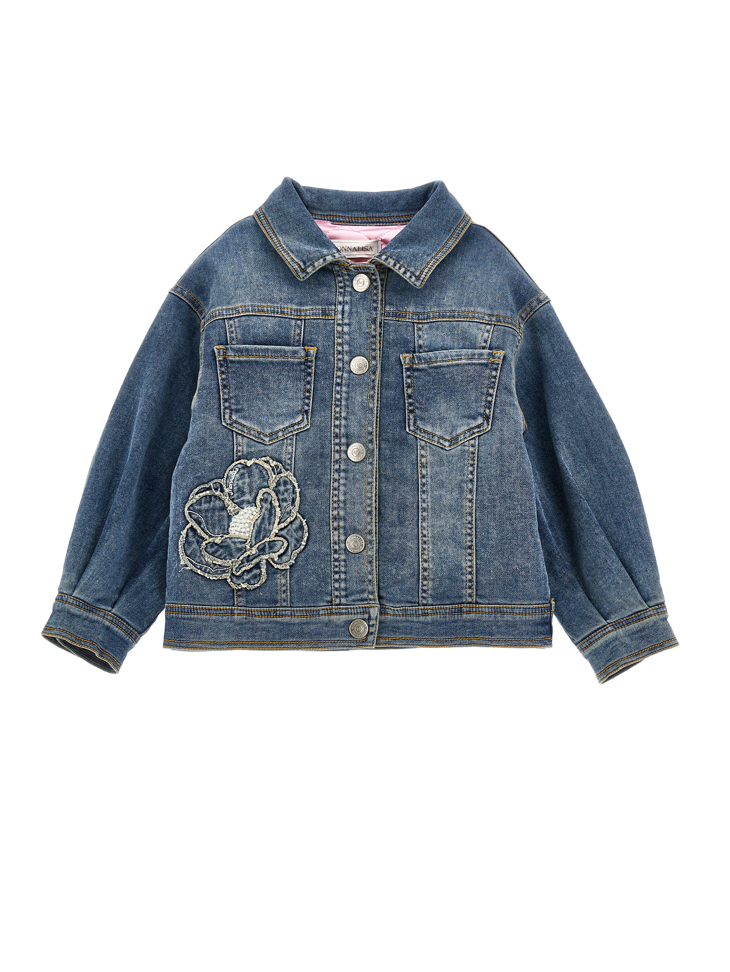 Monnalisa Kids'   Embroidered Denim Jacket In Denim Blue + Ecru