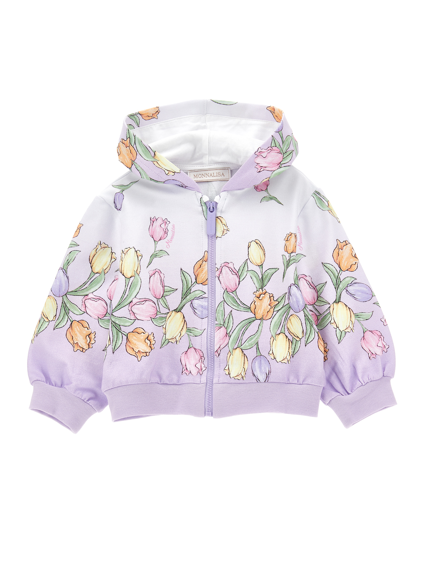 Monnalisa Cotton Sweatshirt With Hood And Tulips In Wisteria