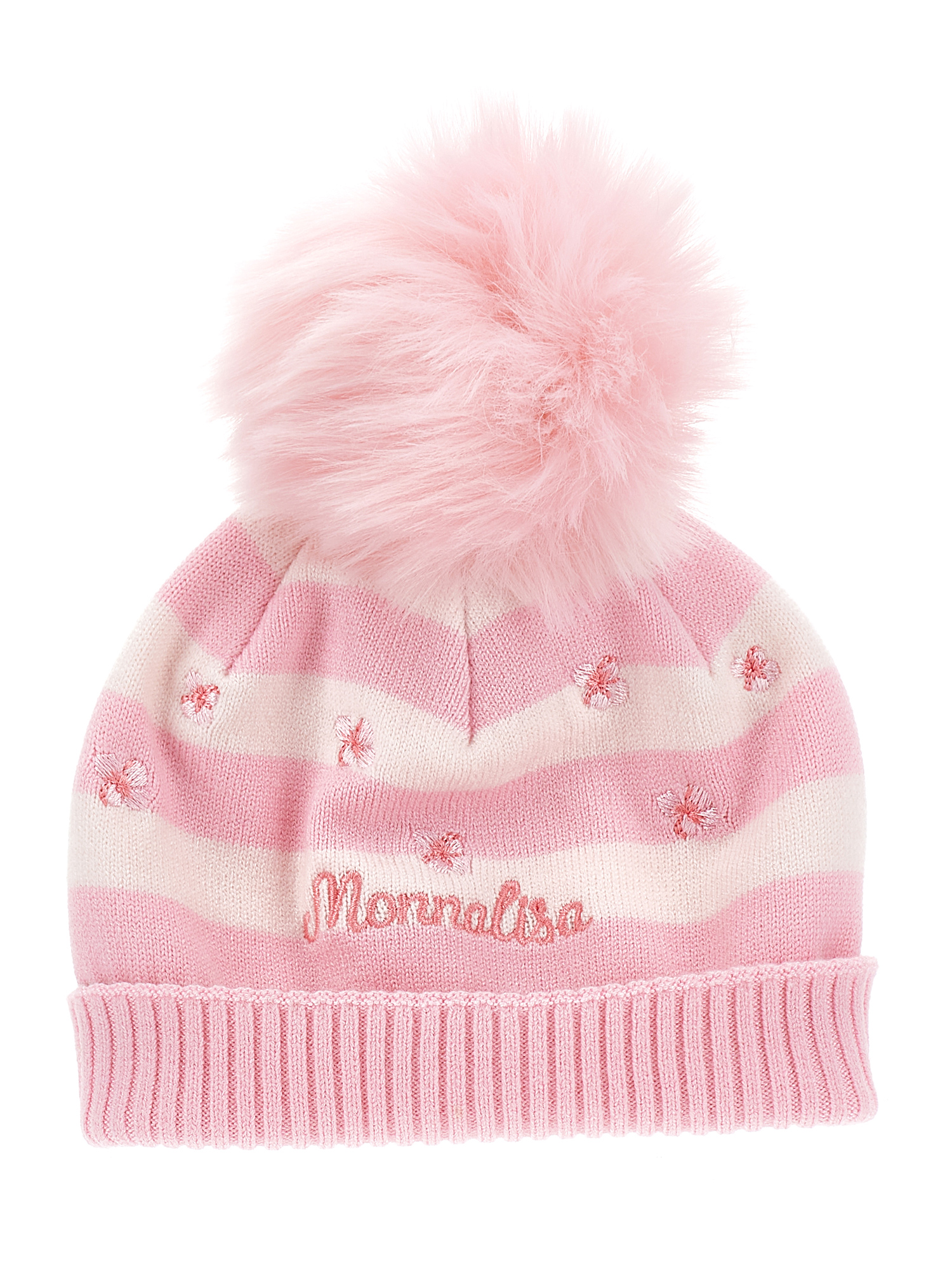 Monnalisa Striped Hat With Pom Pom In Pink + Fuchsia
