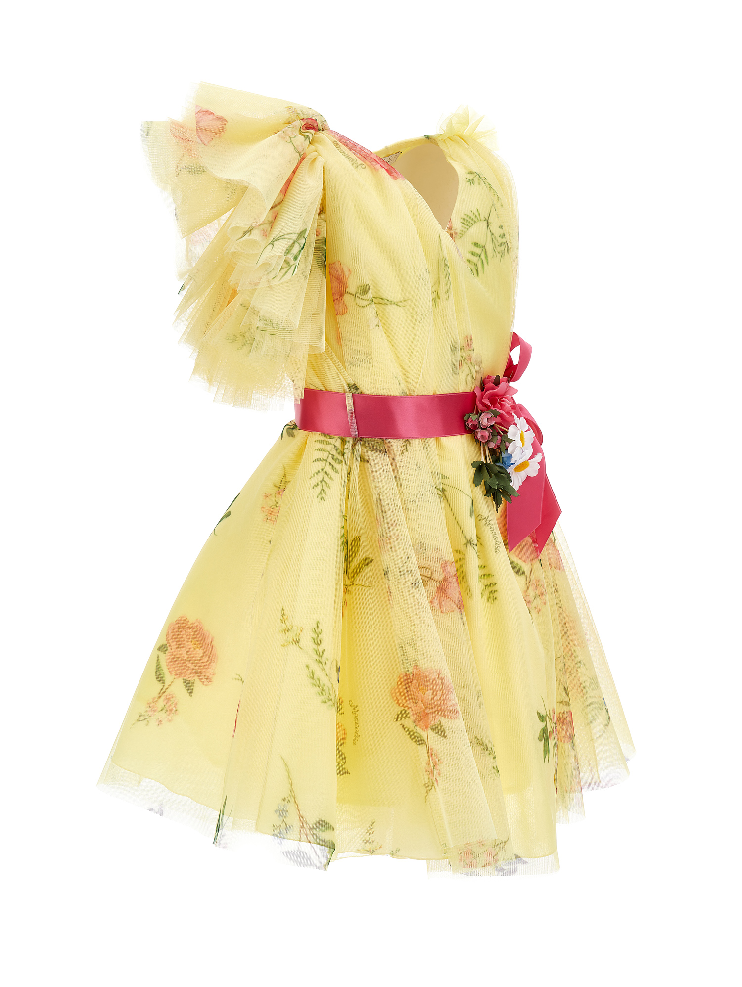 Monnalisa One Shoulder Tulle Dress In Light Yellow + Multicolour