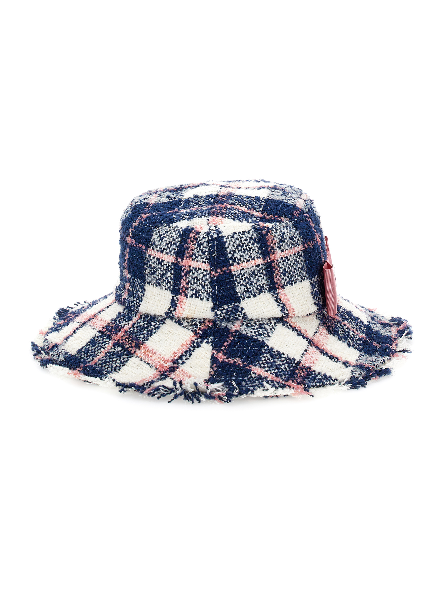 Monnalisa Tartan Hat With Small Brim In Navy Blue + Cyclamen