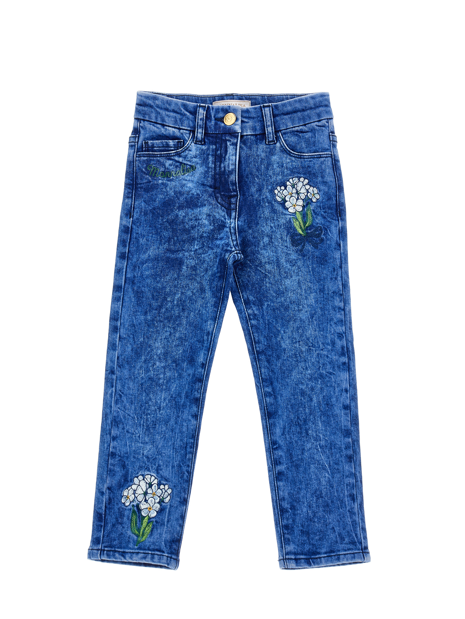 Monnalisa Embroidered Denim Jeans In Denim Blue + Sky Blue