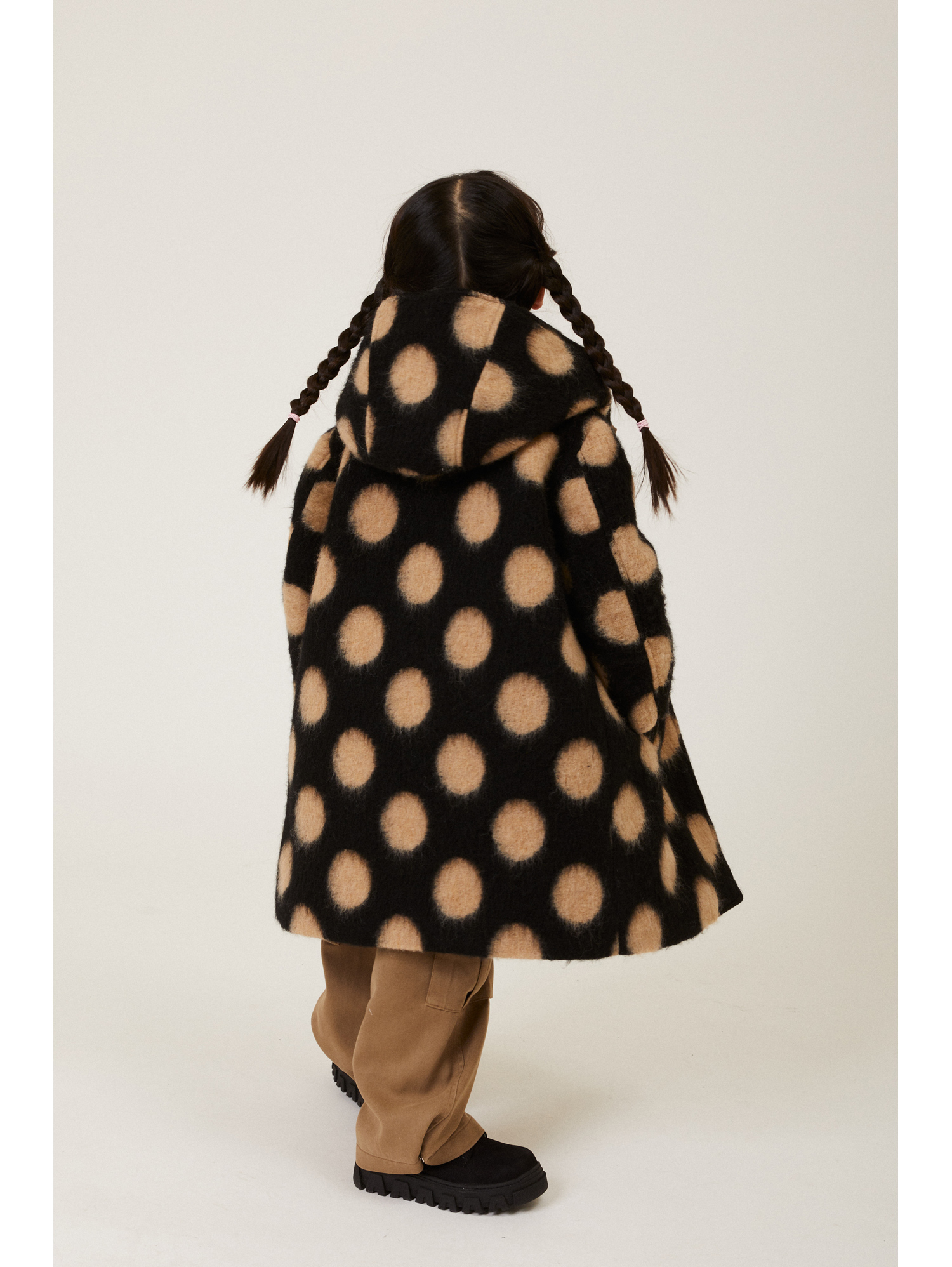 Monnalisa Polka Dot Boiled Wool Coat In Black + Beige