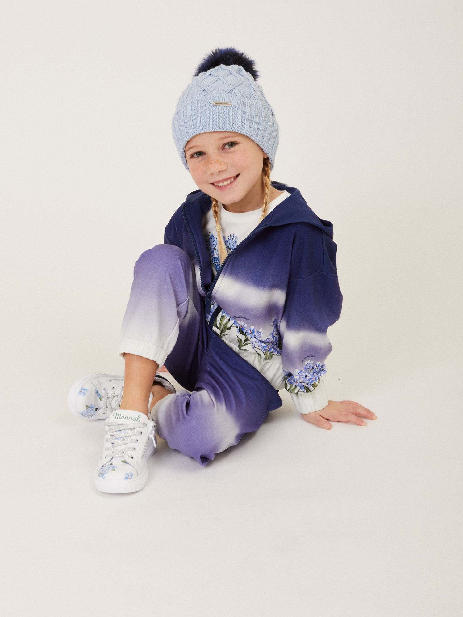 Monnalisa Graduated Fleece Joggers In Blue + Cream