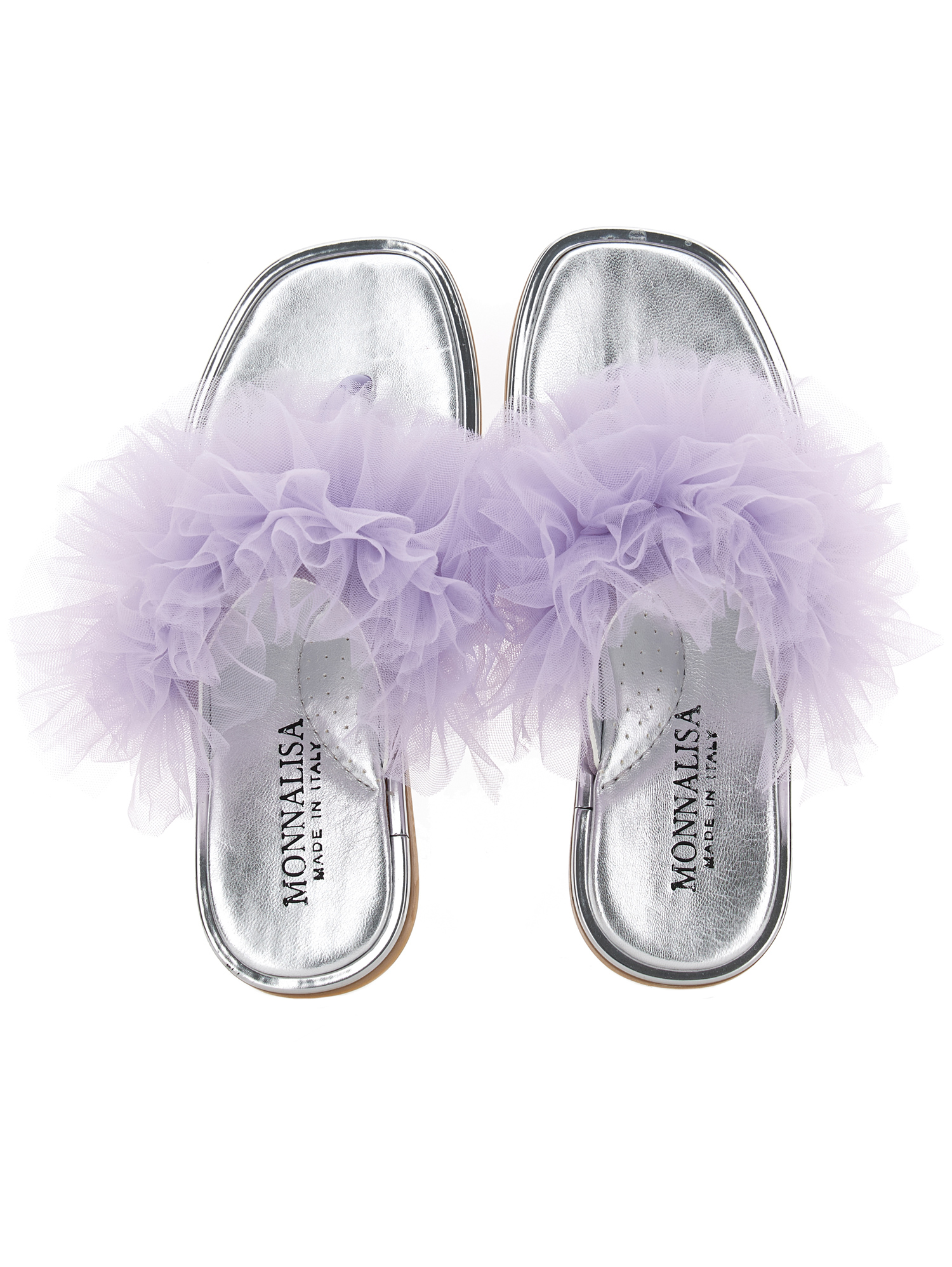 Monnalisa Nappa Leather Thong Sandals With Tulle Ruffle In Wisteria