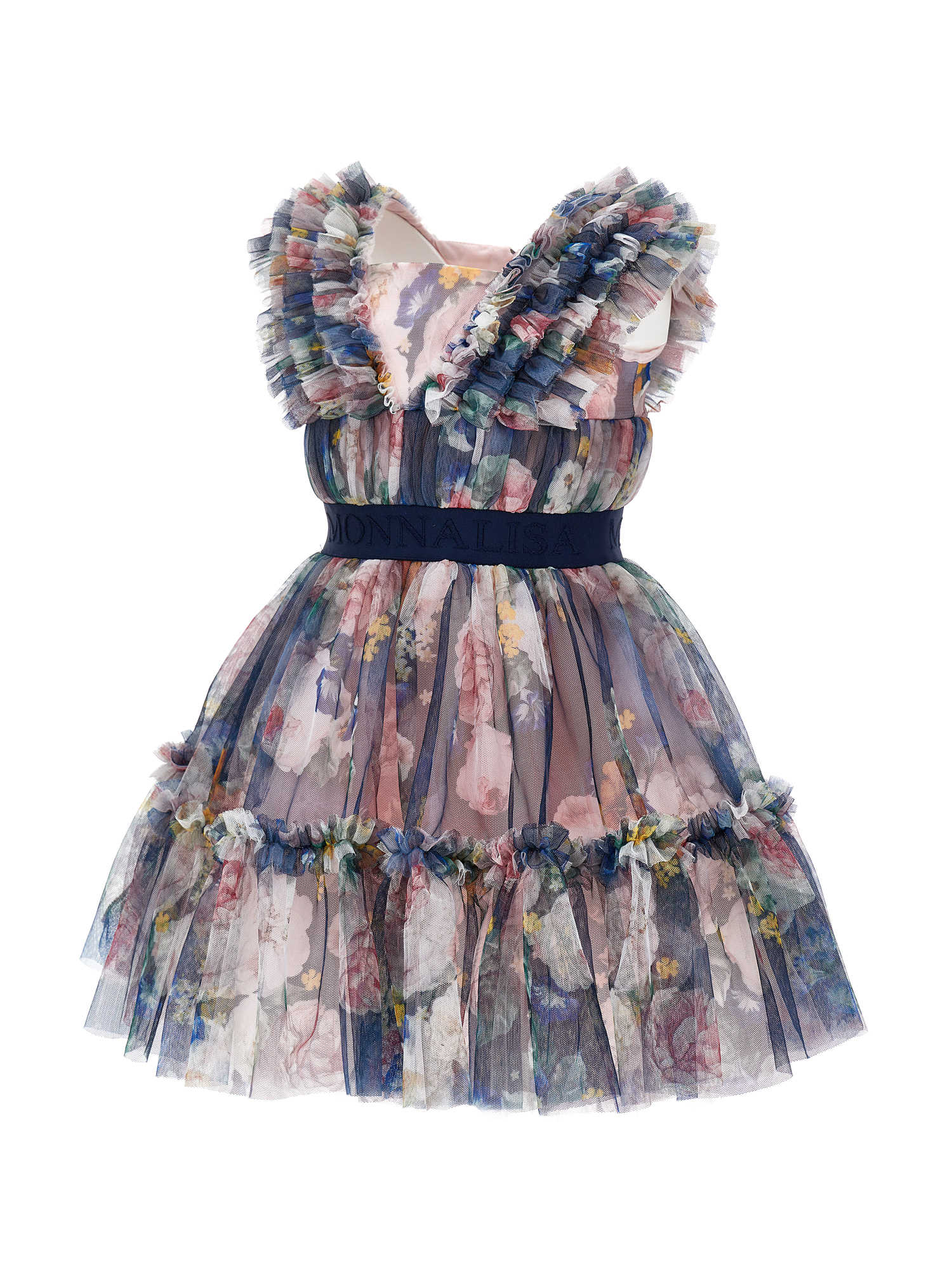 Monnalisa Baroque Rose Birthday Dress In Blue + Multicolor