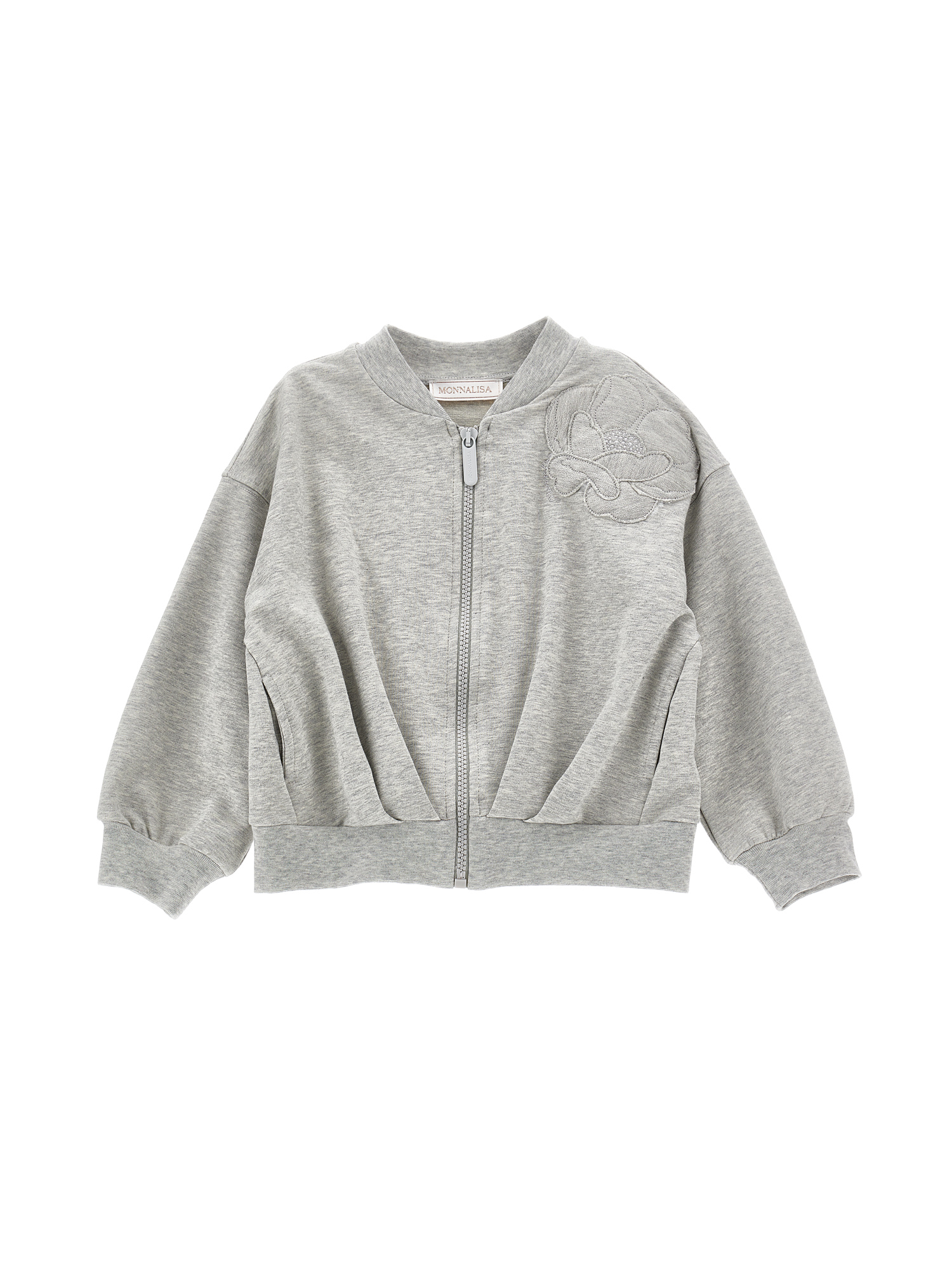 Monnalisa Zip-up Sweatshirt With Anemone Embroidery In Grey