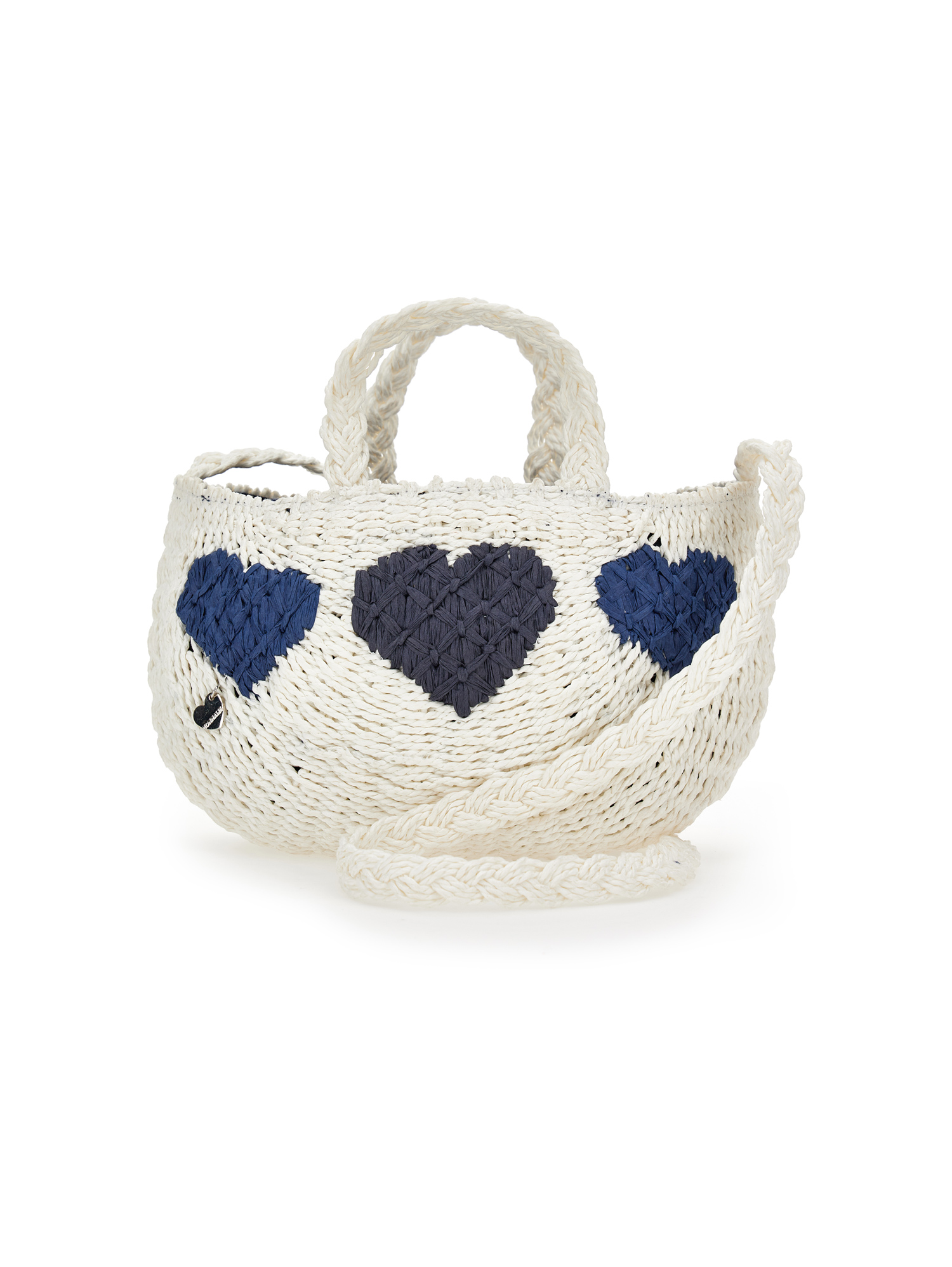 Monnalisa Straw Bag With Hearts In White + Blue