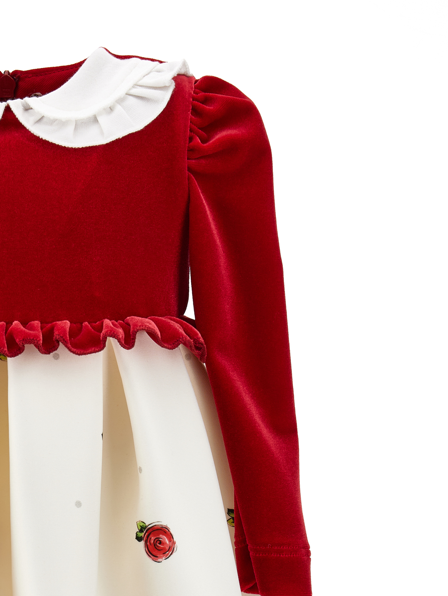 Monnalisa Chenille Dress With Roses In Cream + Ruby Red
