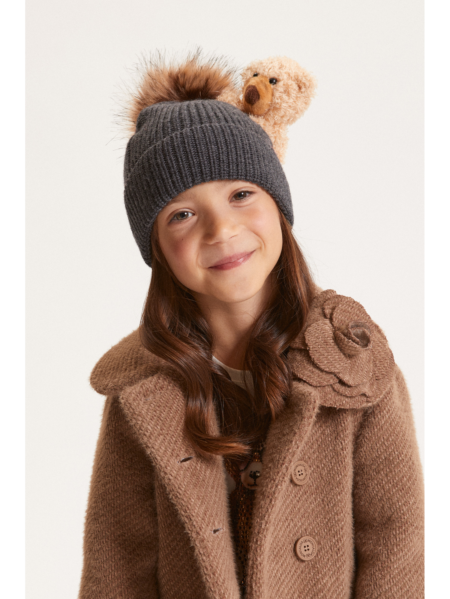 Monnalisa Knitted Hat With Pompom And Teddy Bear In Black