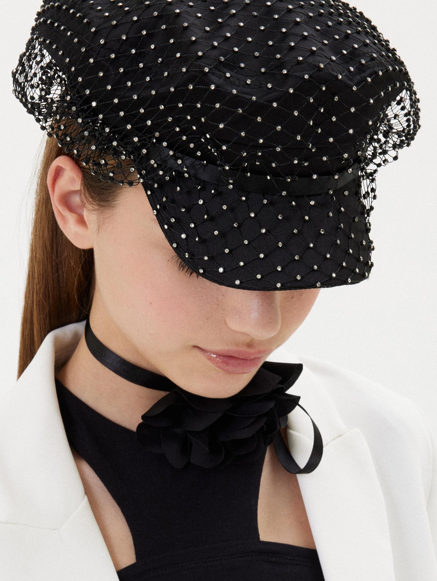 Monnalisa Satin Hat With Rhinestones In Black