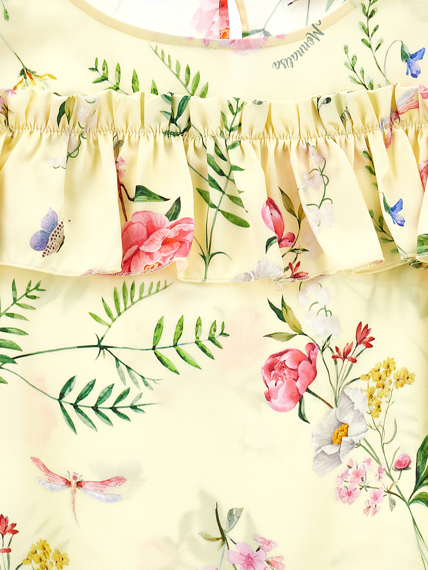 Monnalisa Botanical Print Satin Blouse In Light Yellow + Multicolour