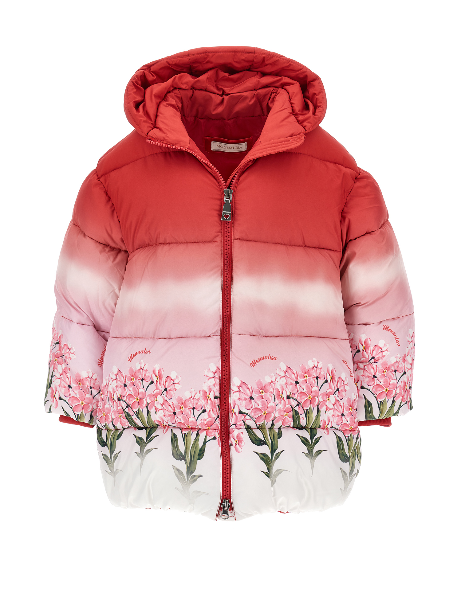 Monnalisa Graduated Down Coat With Flowers In Rosa Fairytale + Cream