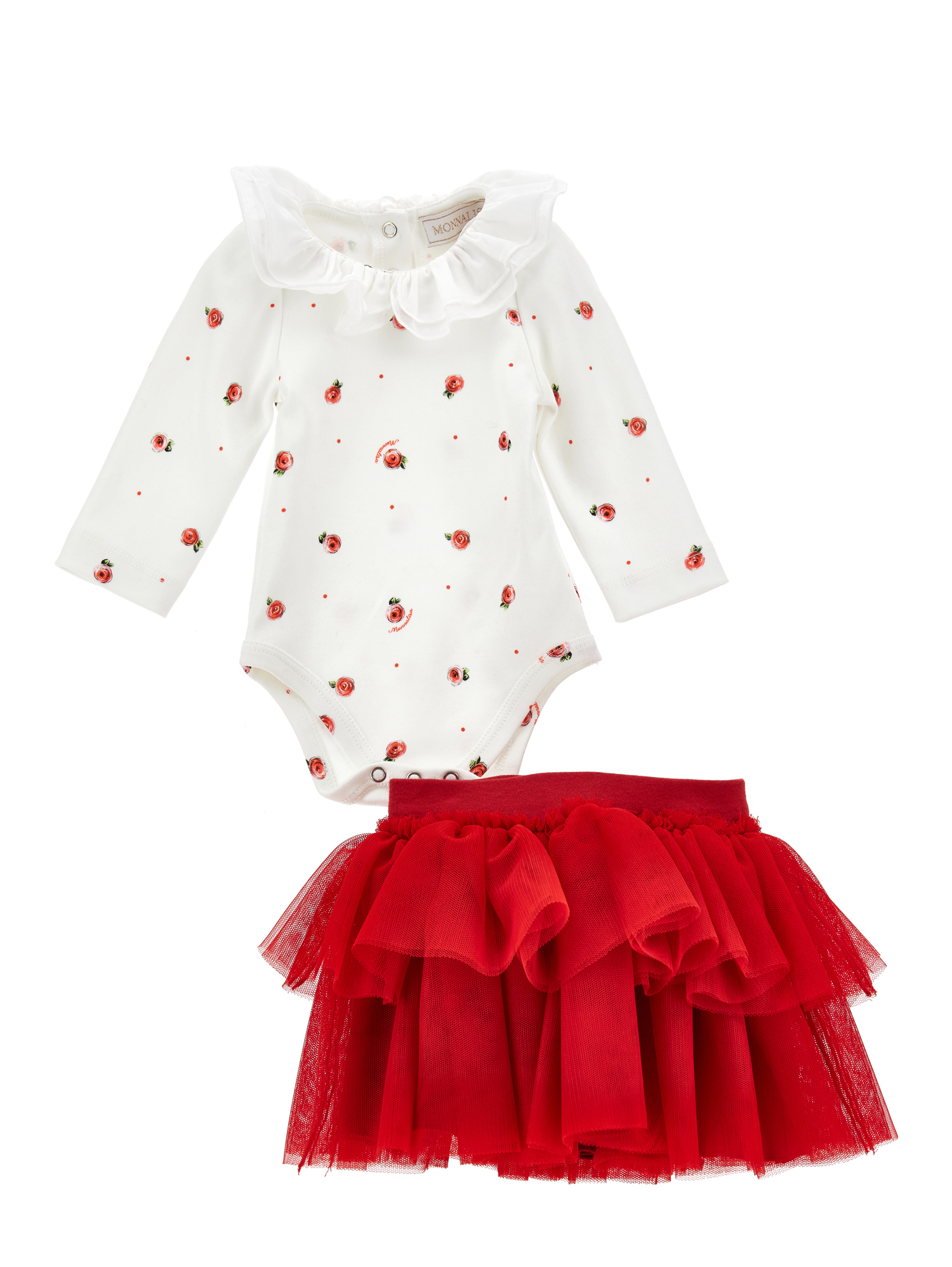 Monnalisa Two-piece Cotton And Tulle Set In Cream + Ruby Red