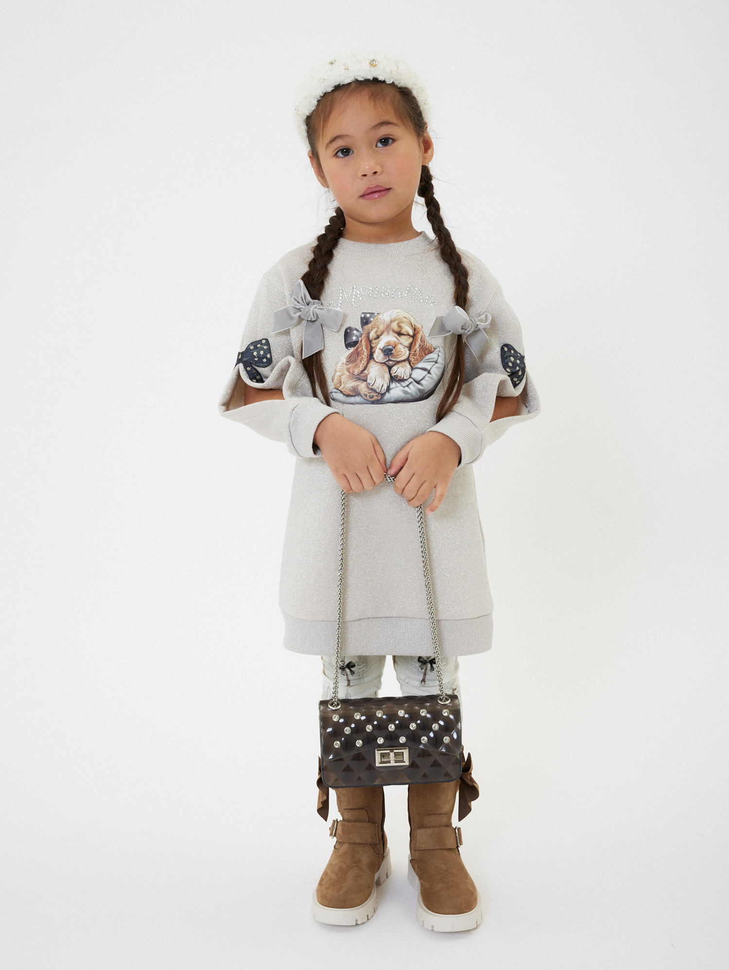 Monnalisa Lurex Sweatshirt Dress With Bows In Ecru + Silver