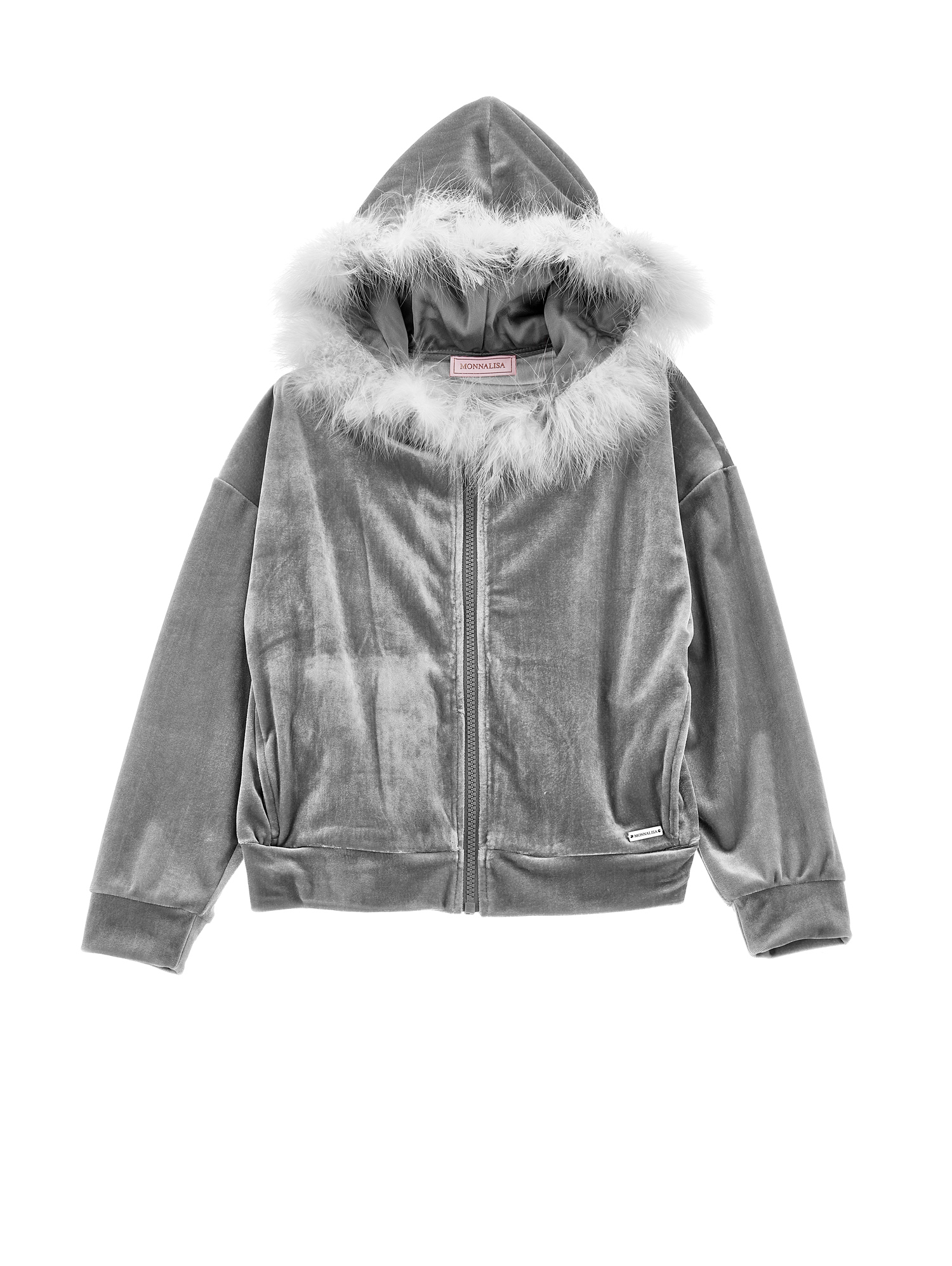 Monnalisa Zip-up Sweatshirt With Feathers In Medium Grey