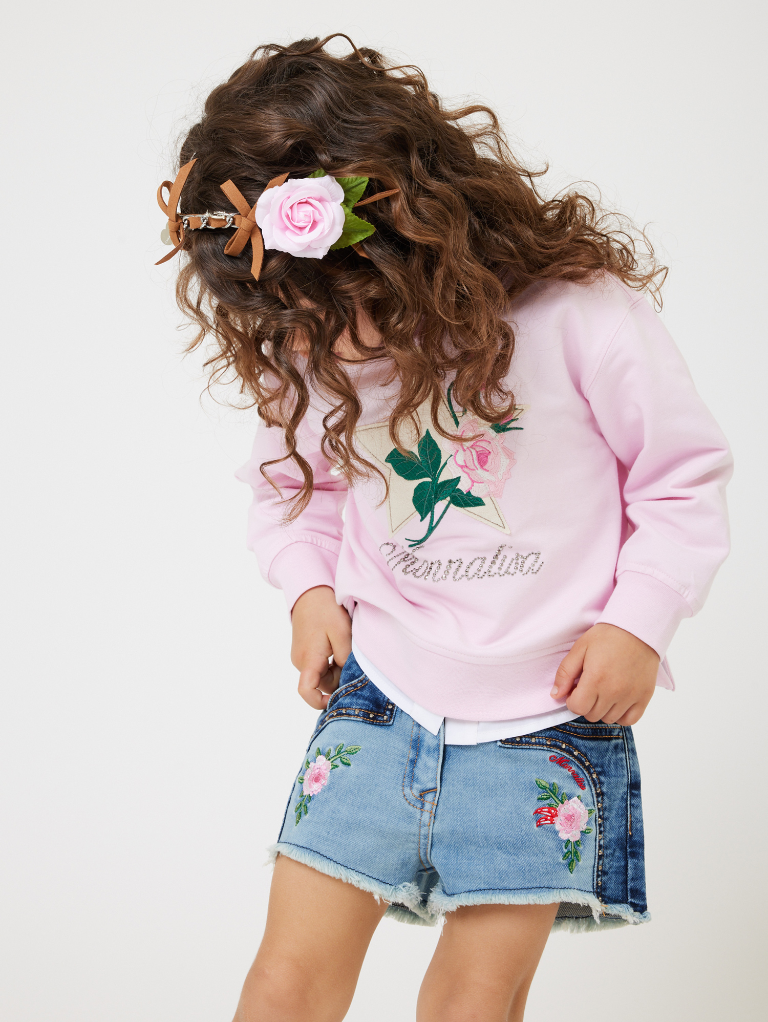 Monnalisa Floral-embroidered Denim Shorts In Blustone + Stonebleach