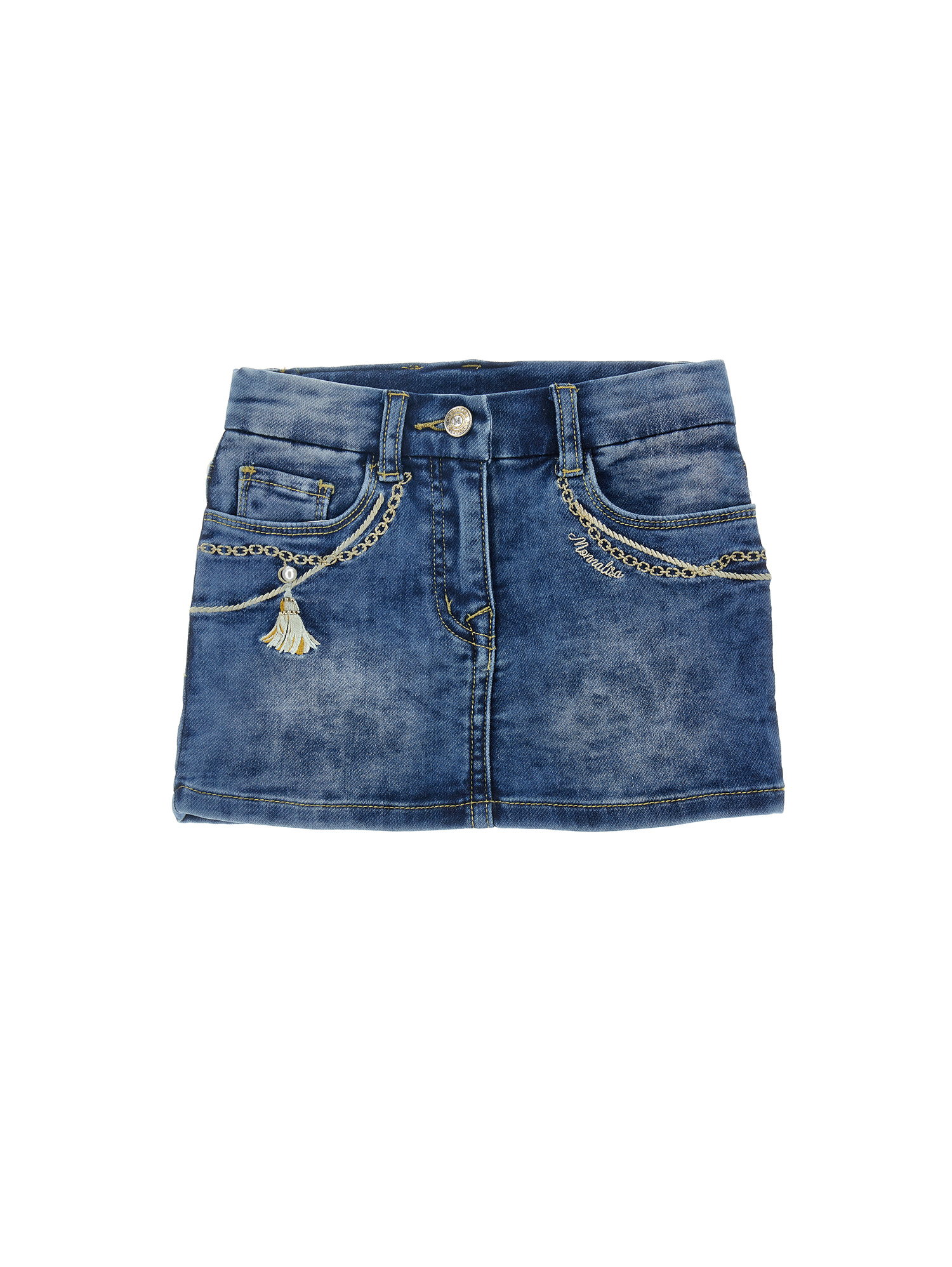 Shop Monnalisa Embroidered Denim Miniskirt In Blu Stone Denim