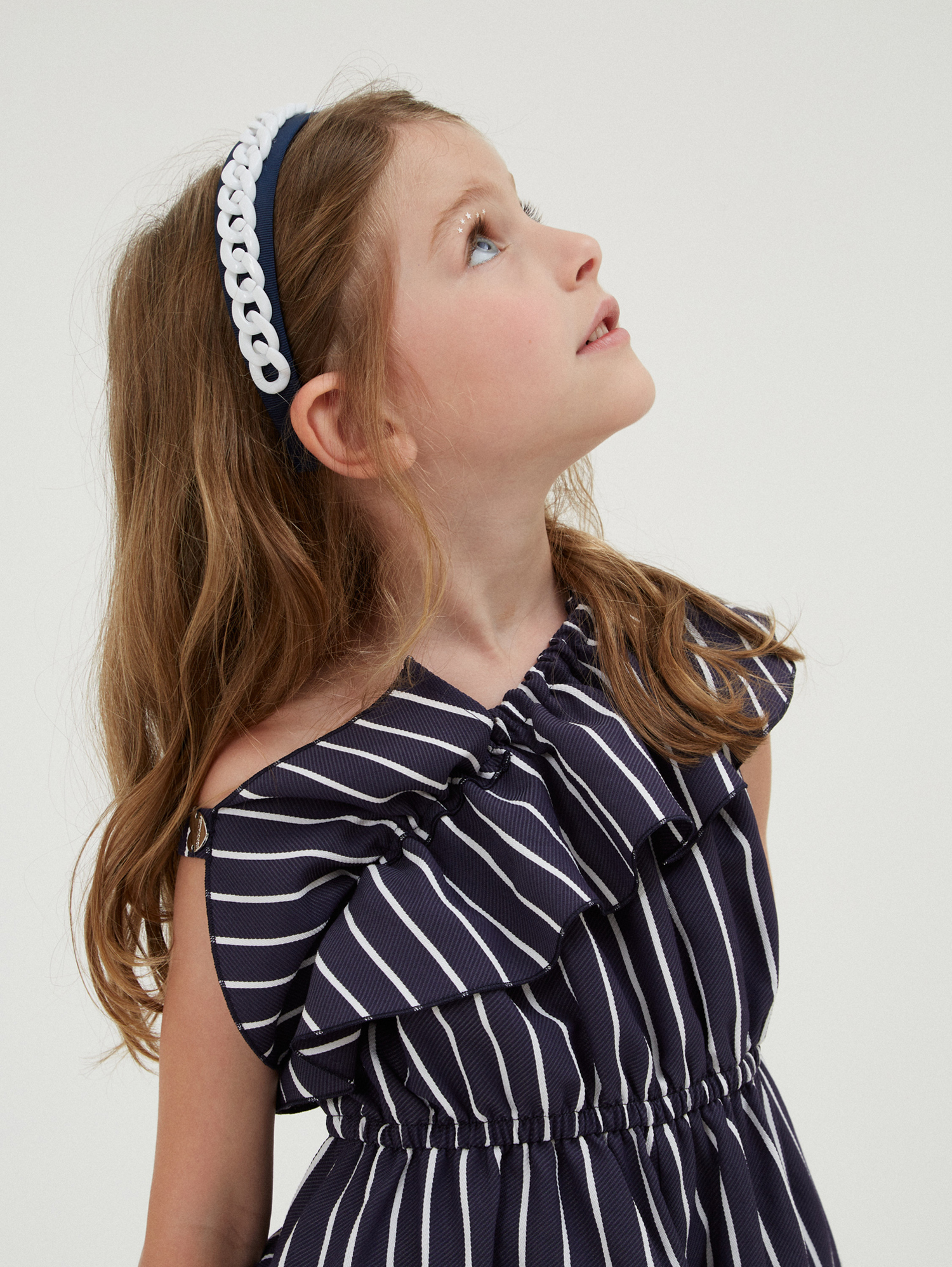 Shop Monnalisa One-shoulder Dress With Alternate Stripes In Blue + White