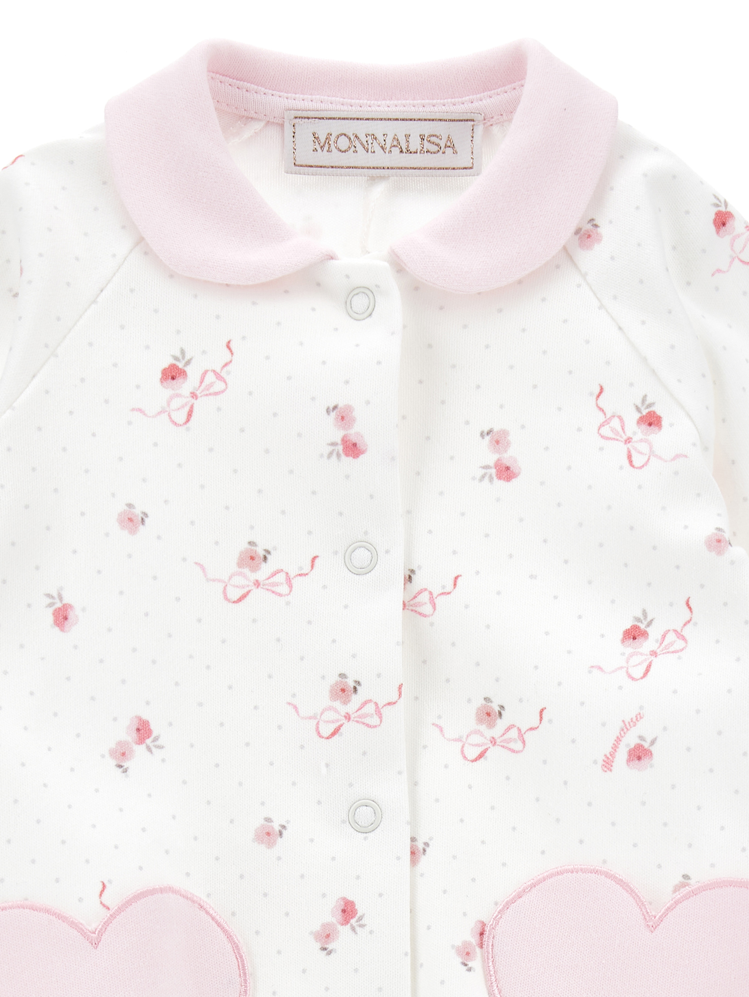 Monnalisa Cotton Printed-all-in-one (1-9 Months) In Cream + Pink