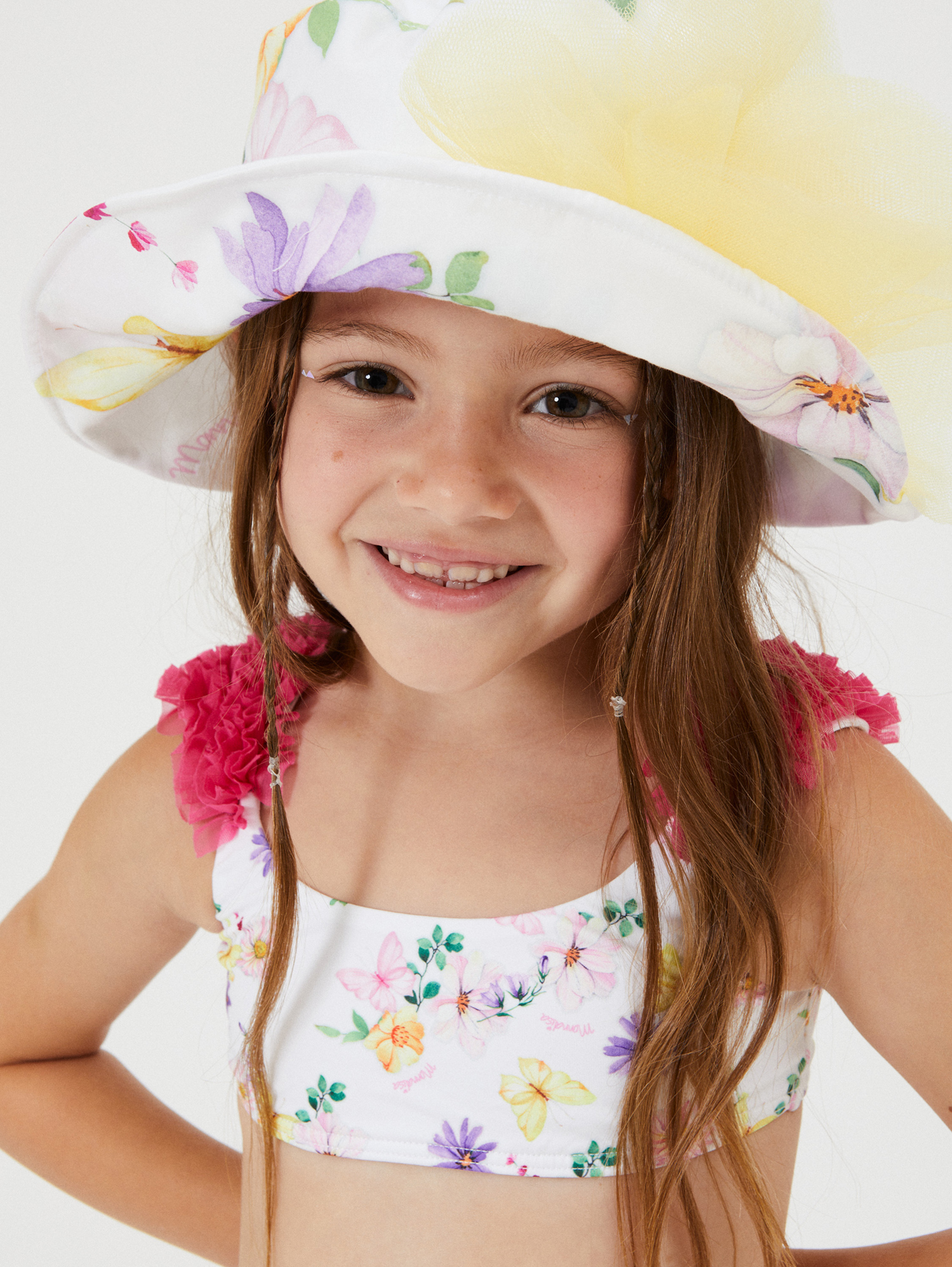 Shop Monnalisa Floral Print Poplin Hat In White + Multicolor